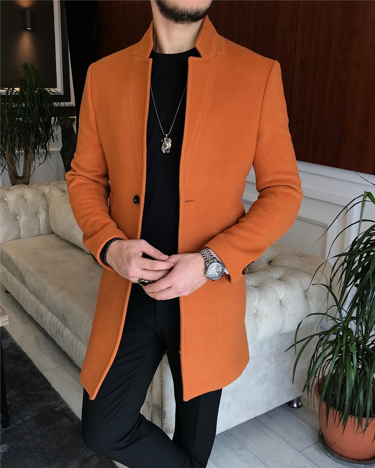 İtalyan stil slim fit erkek dik mono yaka yün kaşe kaban Turuncu T8681