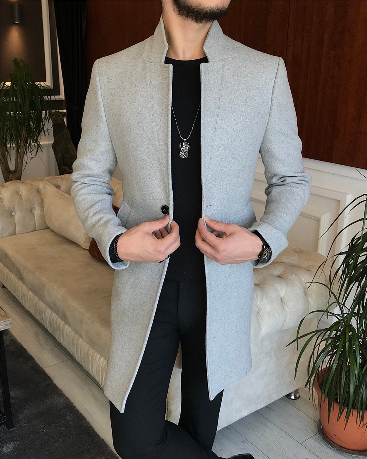 İtalyan stil slim fit erkek dik mono yaka yün kaşe kaban Gri T6522