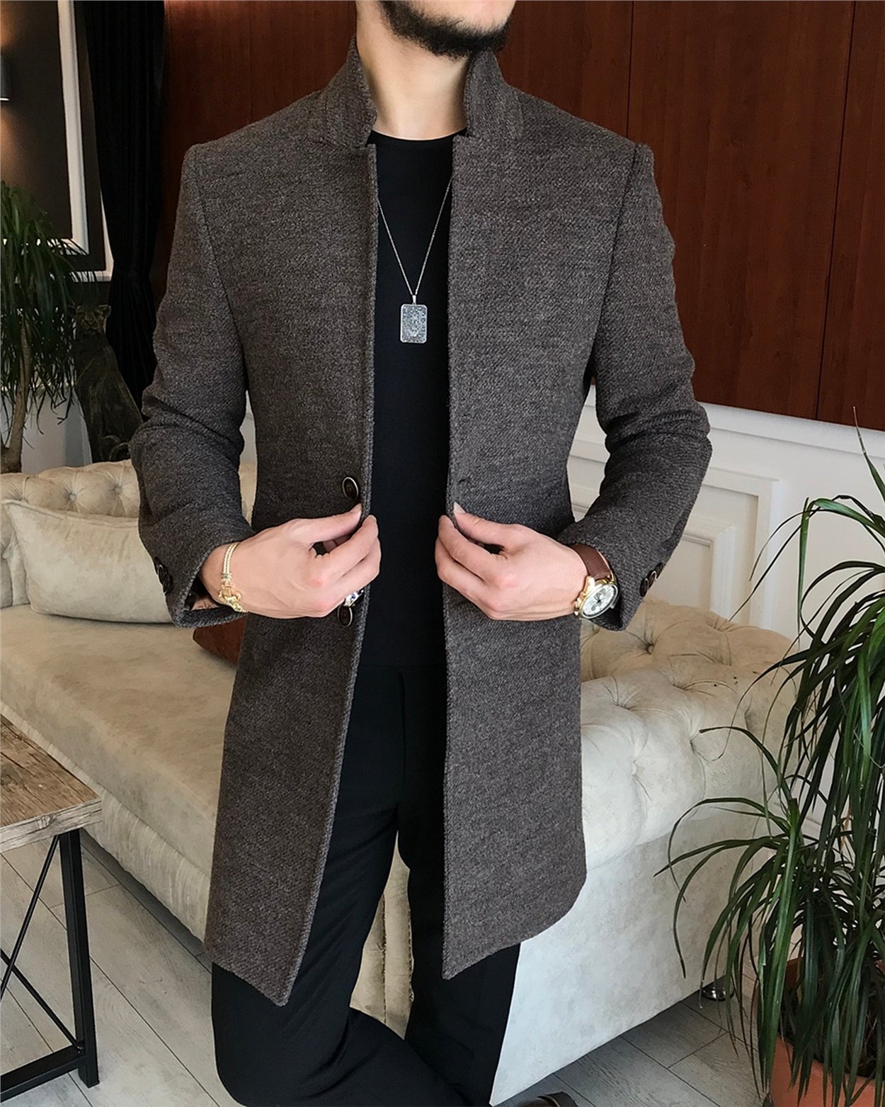 İtalyan stil slim fit erkek dik mono yaka yün kaşe kaban Kahverengi T6516