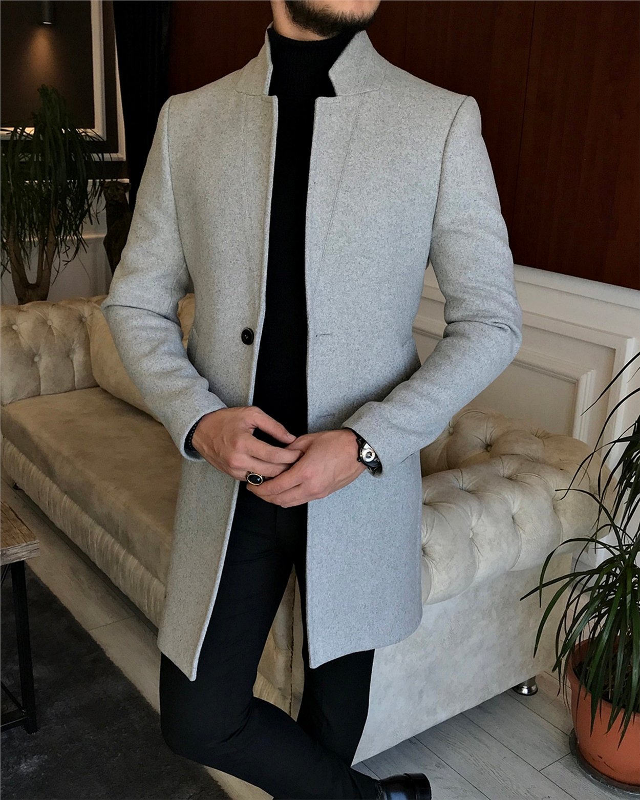 İtalyan stil slim fit erkek dik mono yaka yün kaşe kaban Gri T6522