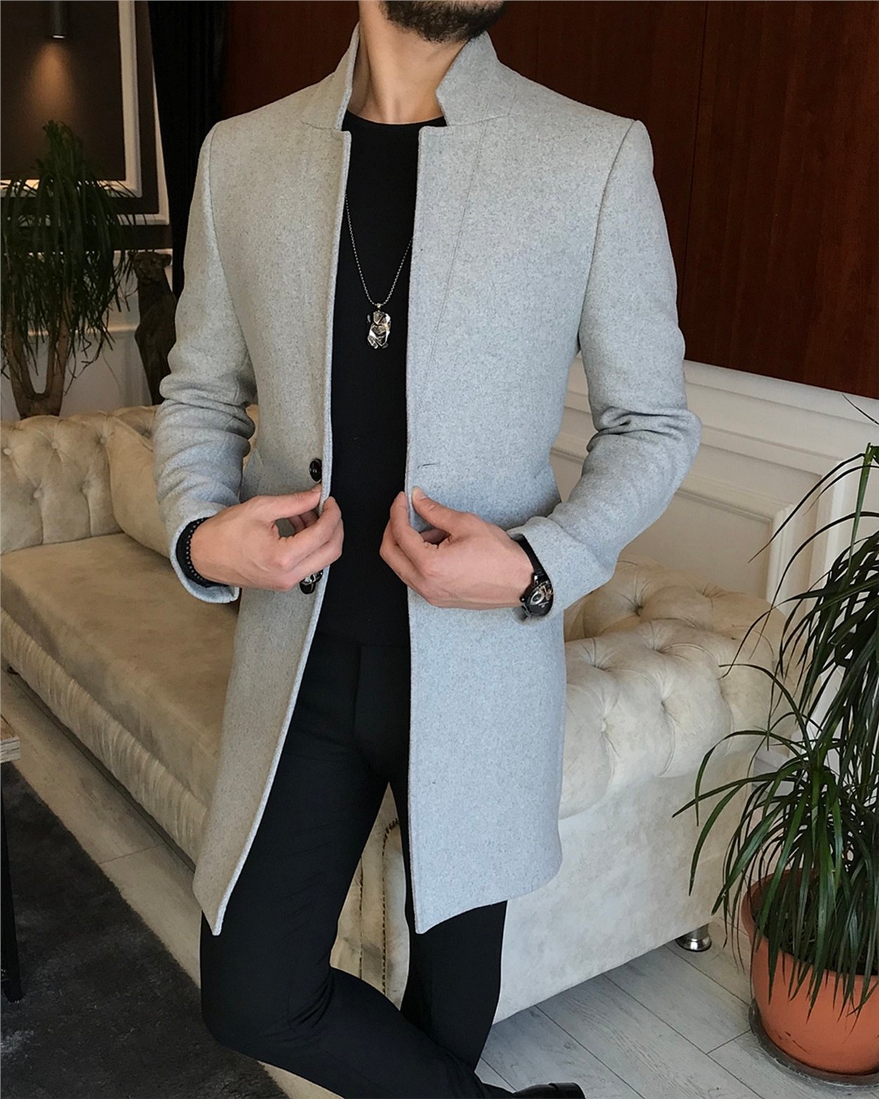 İtalyan stil slim fit erkek dik mono yaka yün kaşe kaban Gri T6522