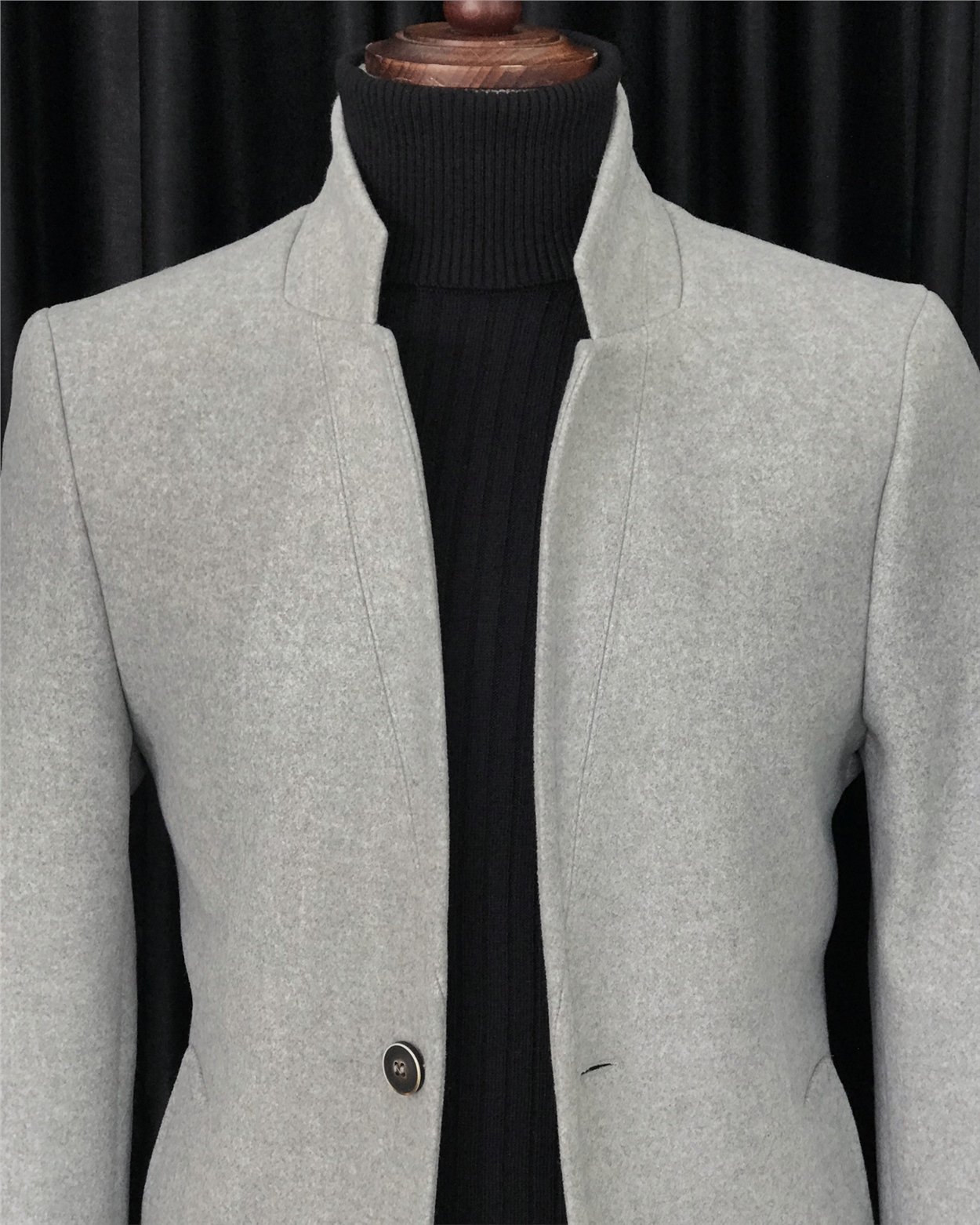 İtalyan stil slim fit erkek dik mono yaka yün kaşe kaban Gri T6522