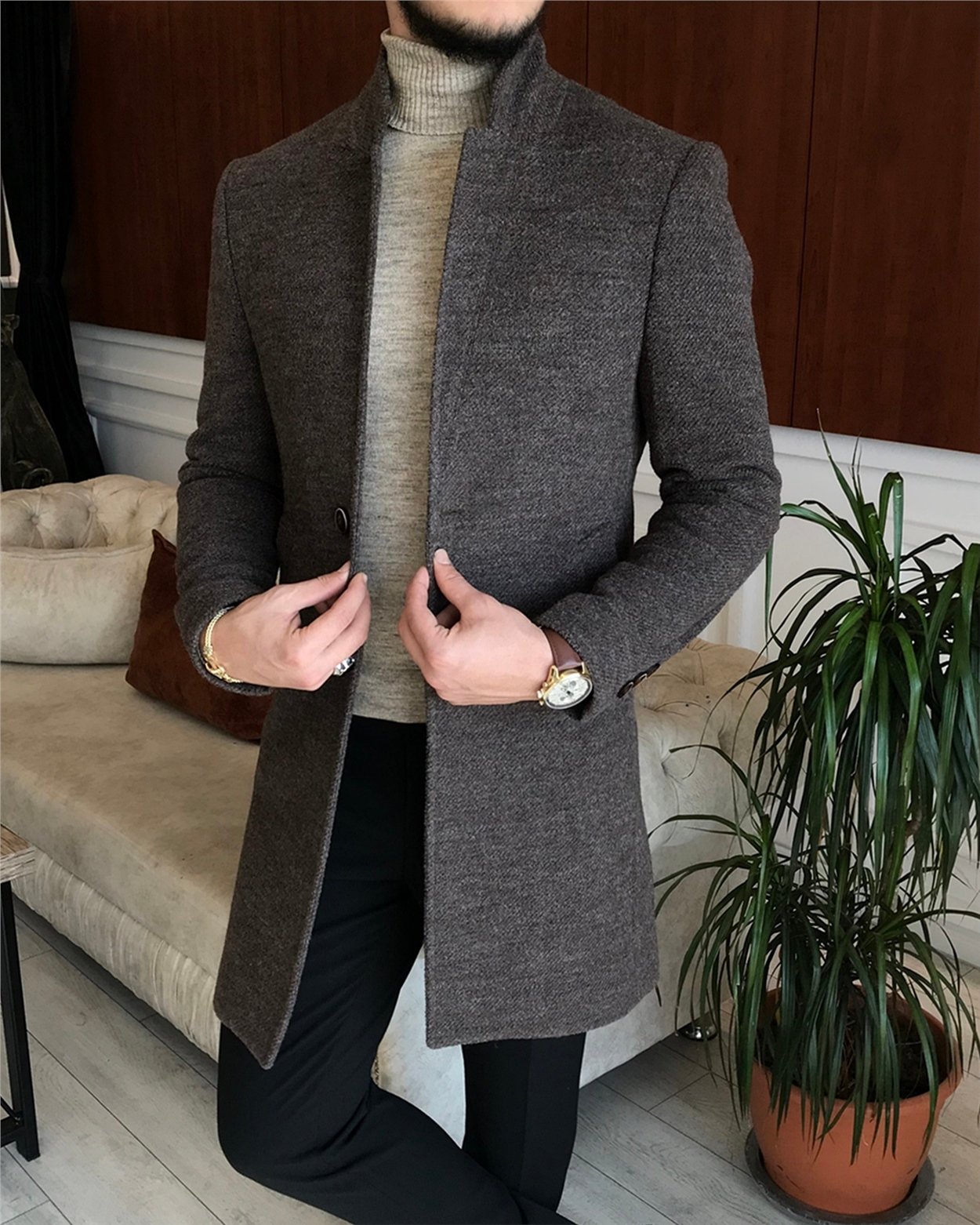 İtalyan stil slim fit erkek dik mono yaka yün kaşe kaban Kahverengi T6516