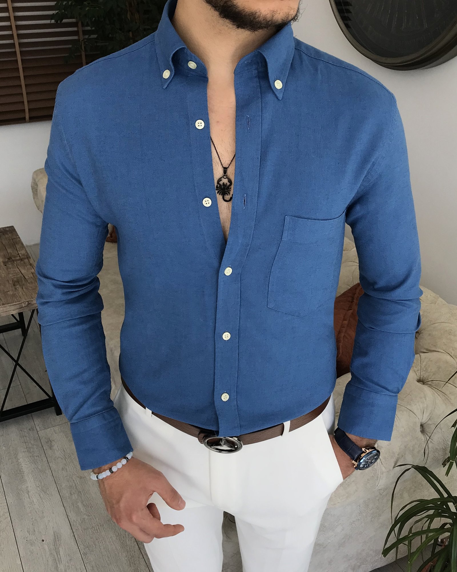 İtalyan stil slim fit erkek dik yaka gömlek Petrol T7462