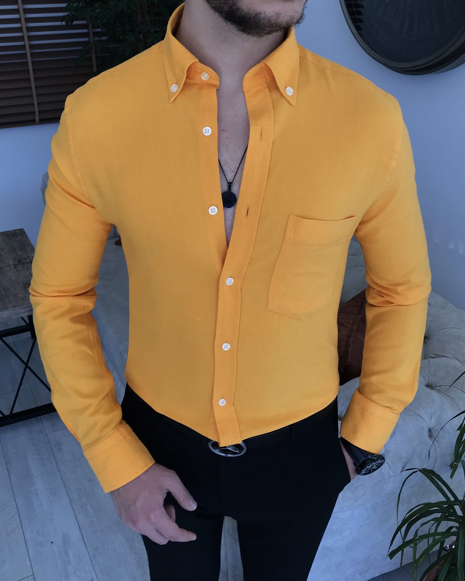 İtalyan stil slim fit erkek dik yaka gömlek Sarı T7463