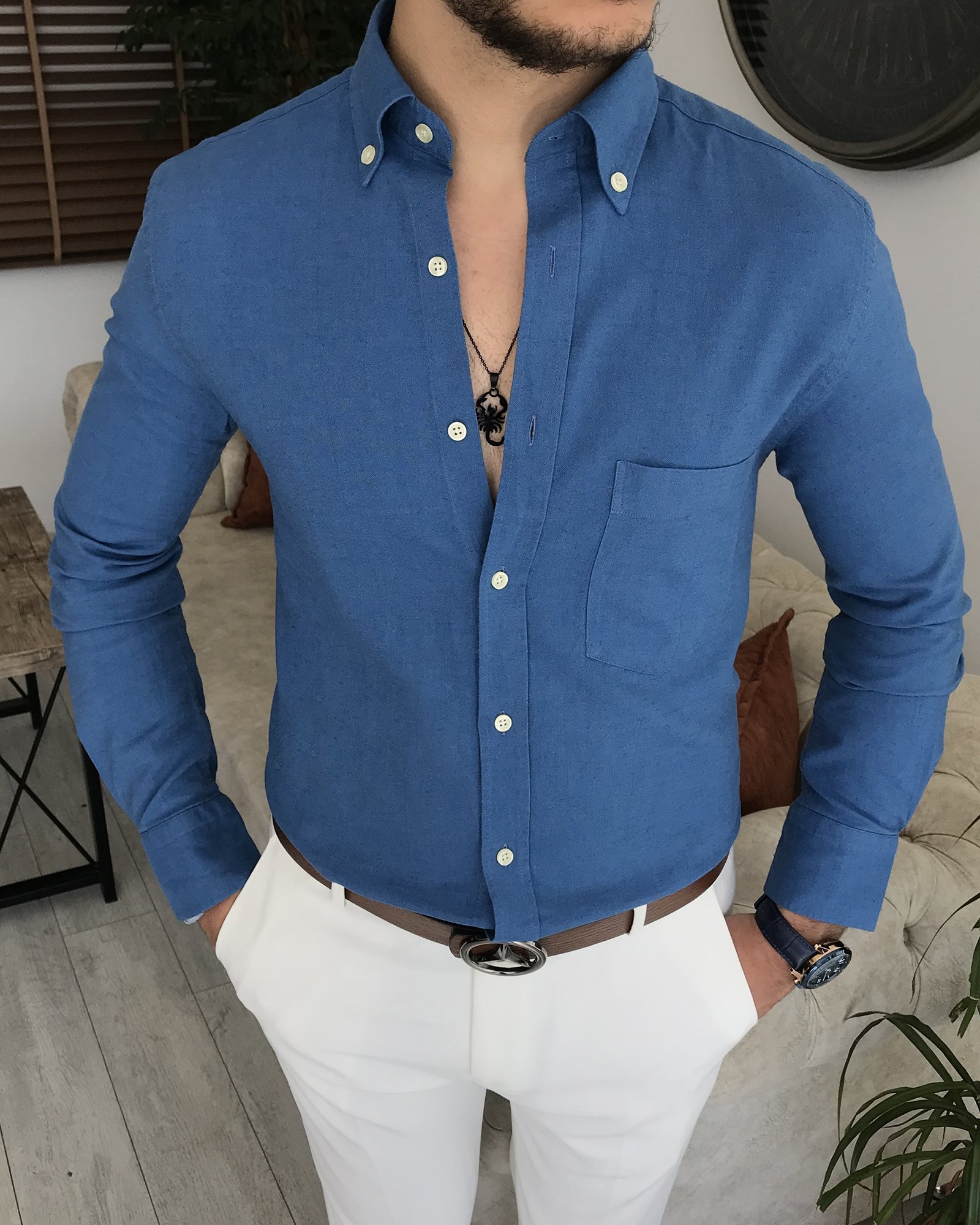 İtalyan stil slim fit erkek dik yaka gömlek Petrol T7462
