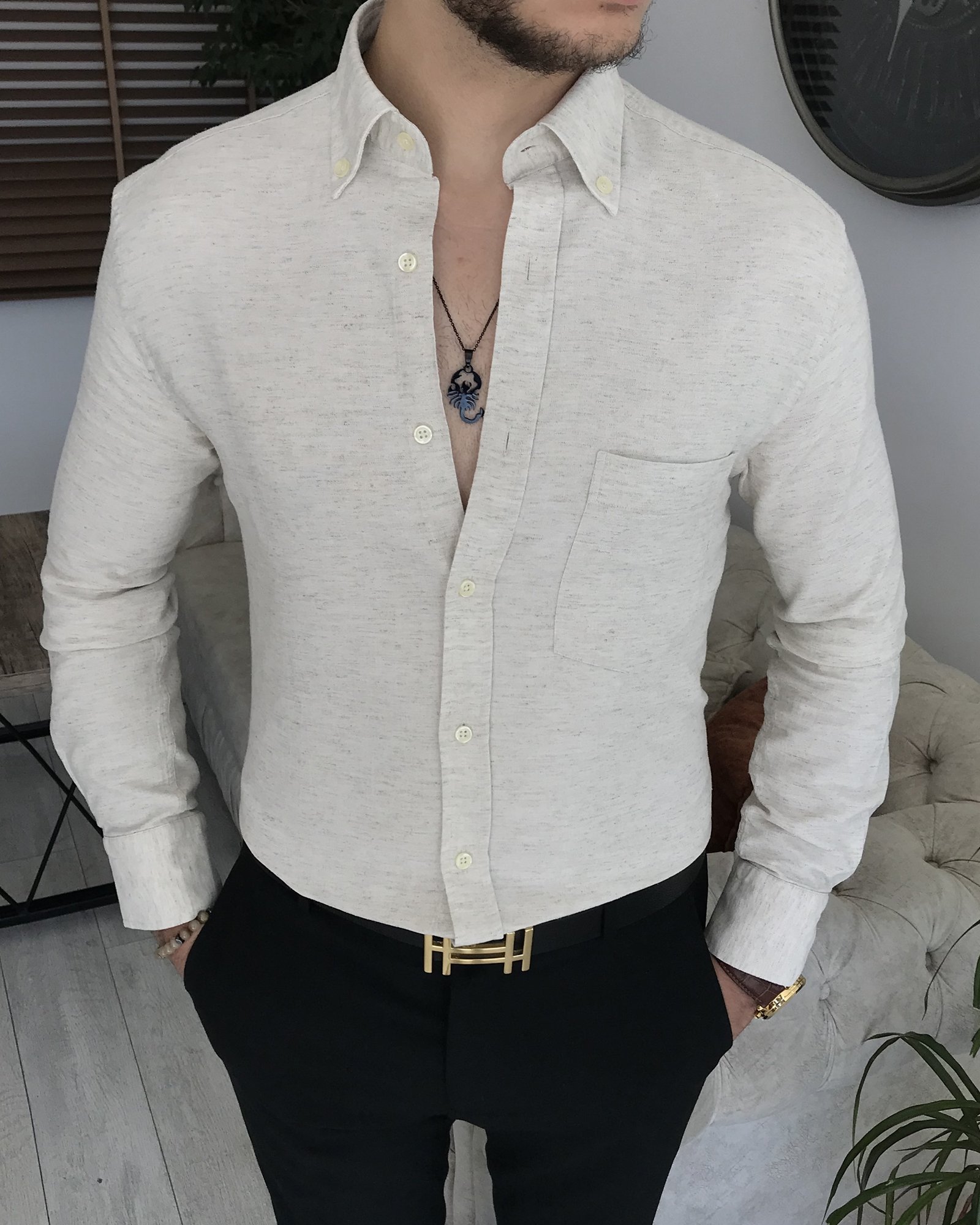 İtalyan stil slim fit erkek dik yaka gömlek Bej T7460