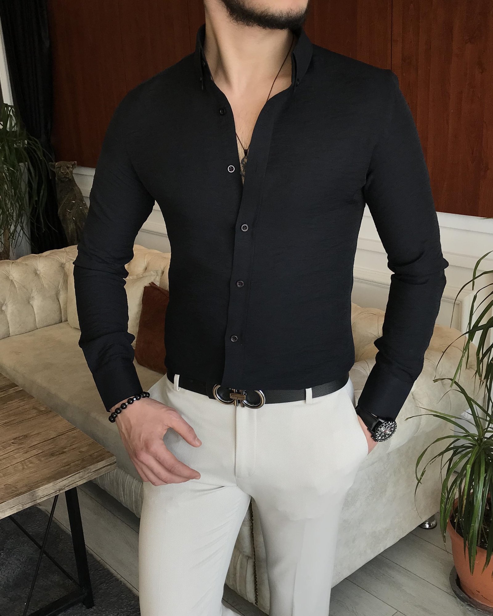 İtalyan stil slim fit erkek dik yaka gömlek siyah T7167