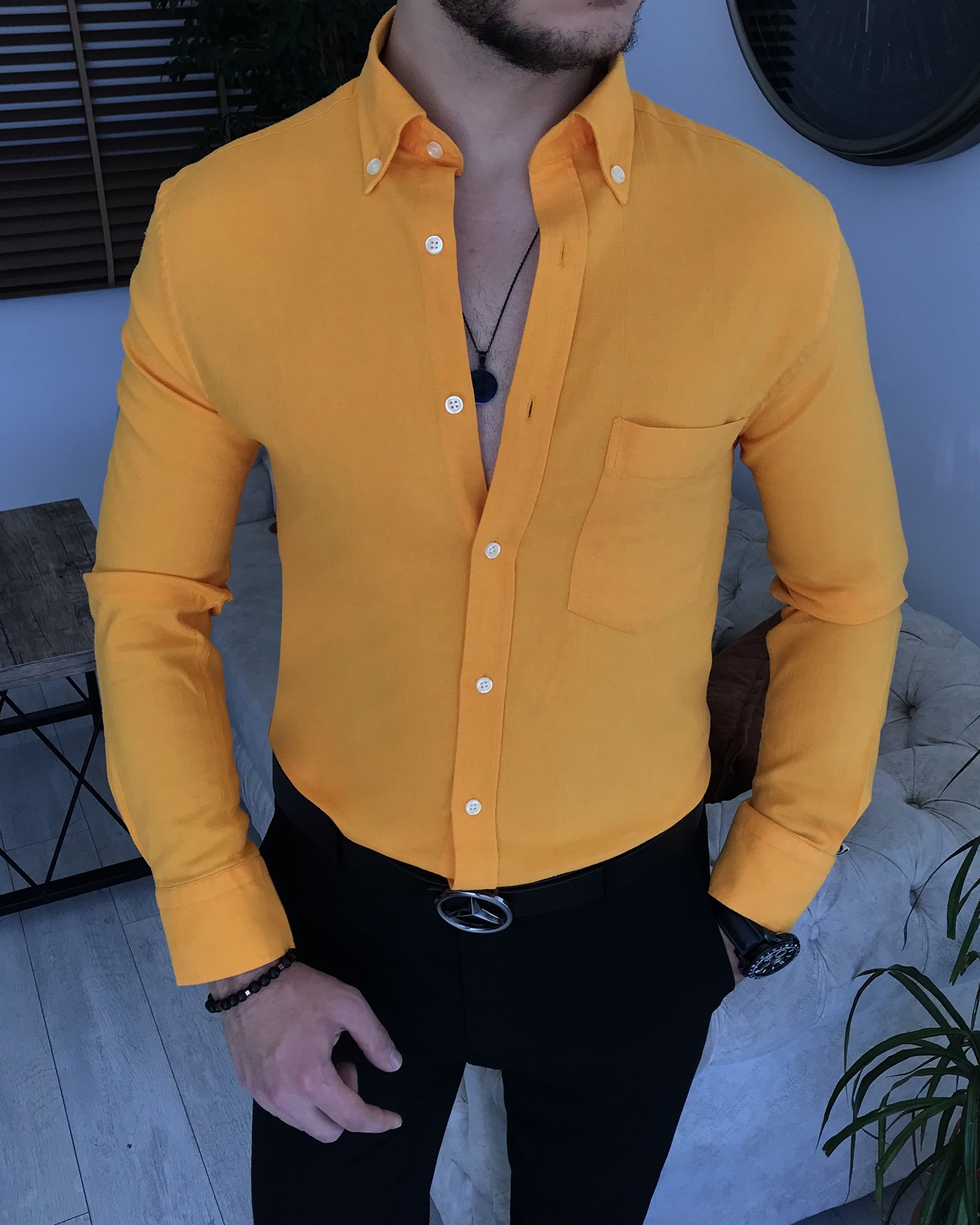 İtalyan stil slim fit erkek dik yaka gömlek Sarı T7463