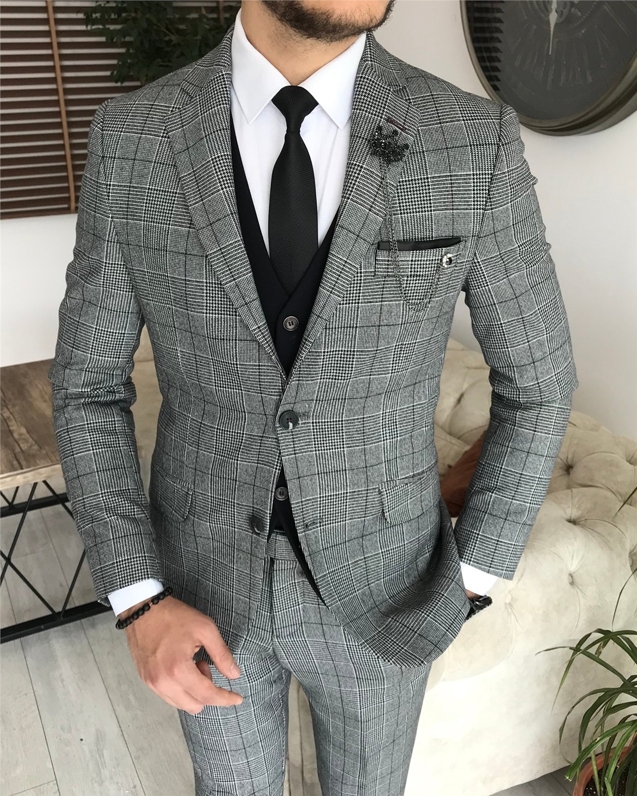 İtalyan stil slim fit erkek ekose ceket yelek pantolon takım elbise Gri T8177