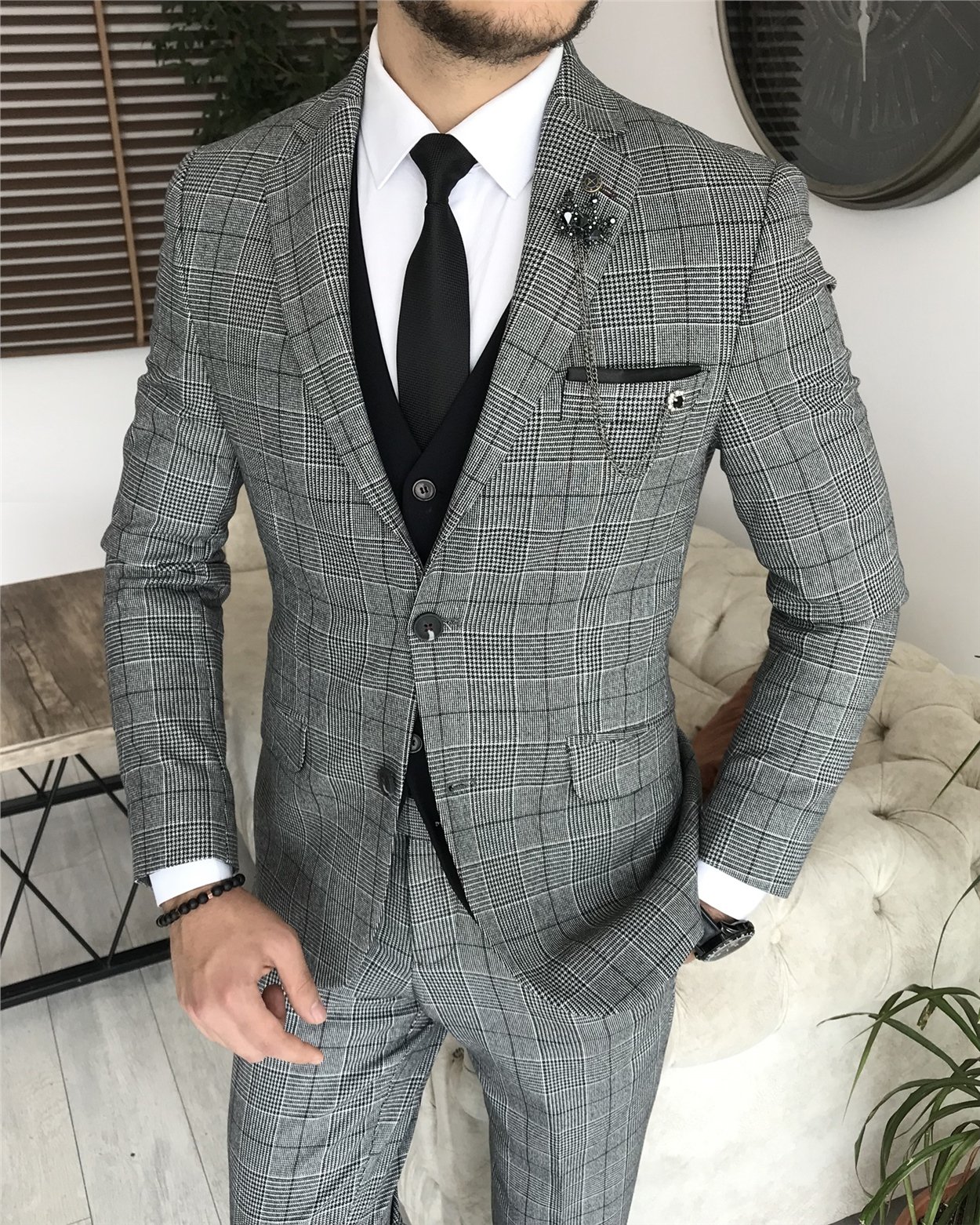İtalyan stil slim fit erkek ekose ceket yelek pantolon takım elbise Gri T8177