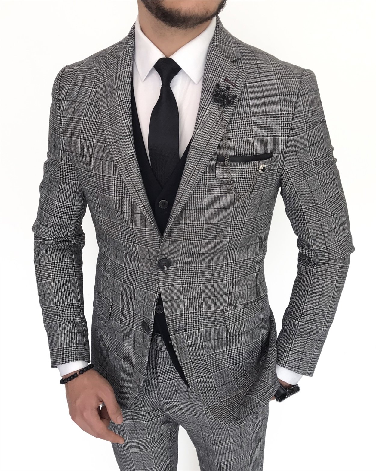 İtalyan stil slim fit erkek ekose ceket yelek pantolon takım elbise Gri T8177