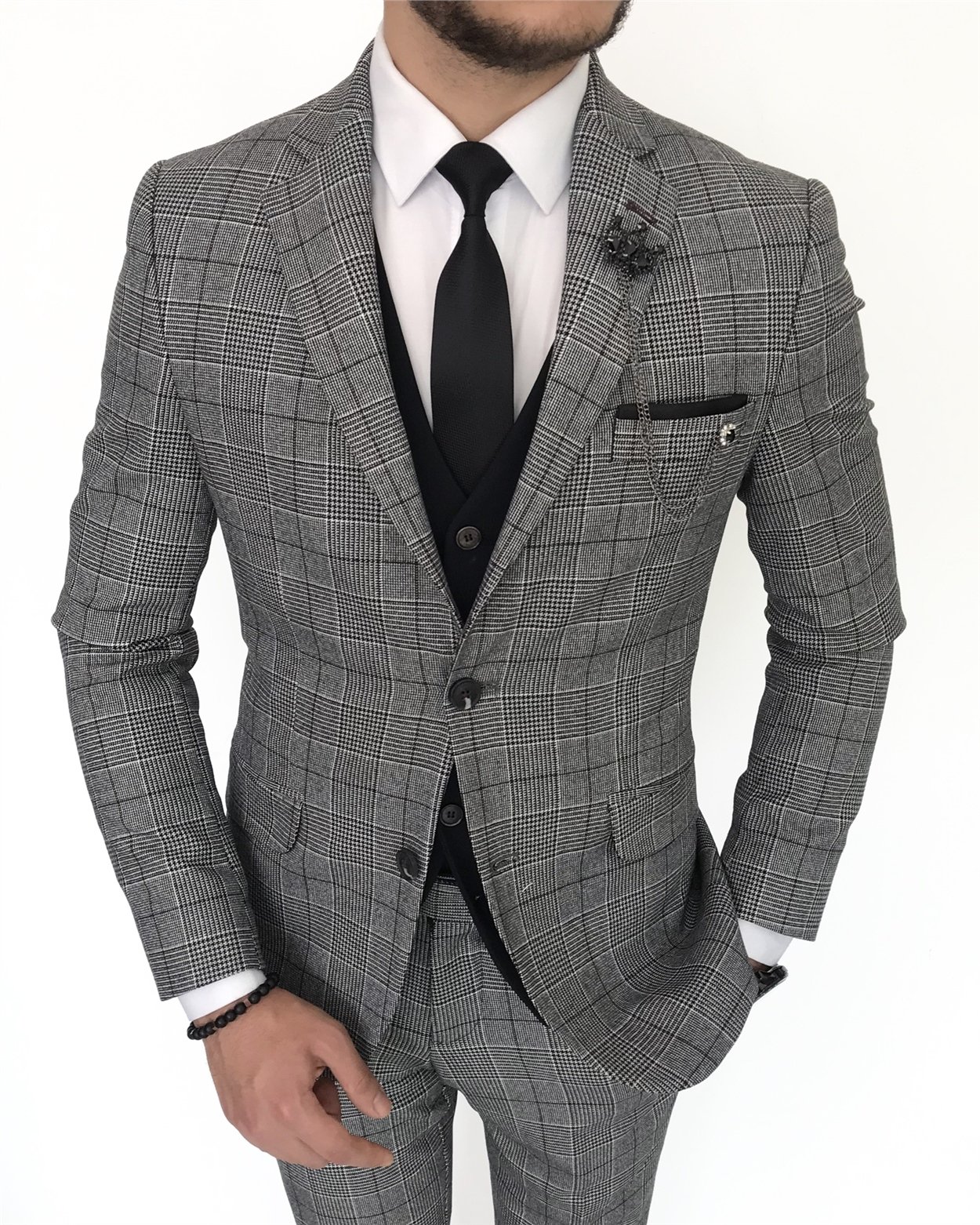 İtalyan stil slim fit erkek ekose ceket yelek pantolon takım elbise Gri T8177