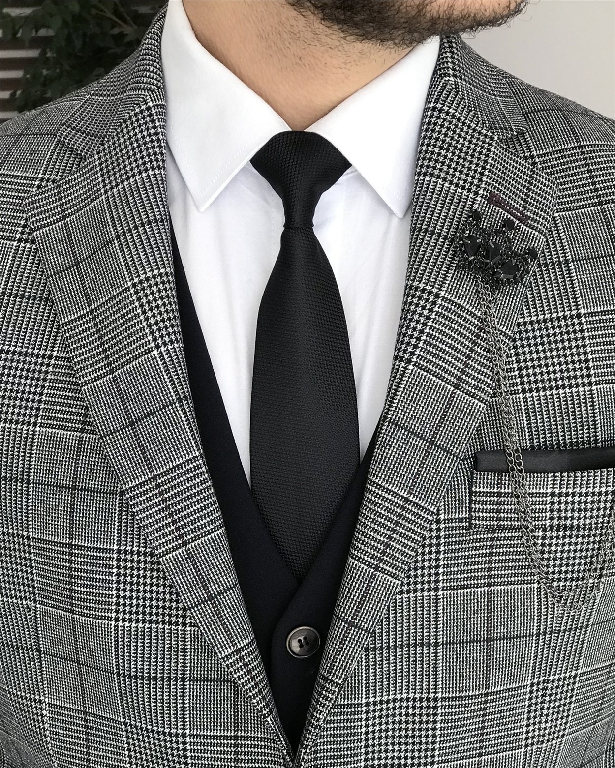 İtalyan stil slim fit erkek ekose ceket yelek pantolon takım elbise Gri T8177