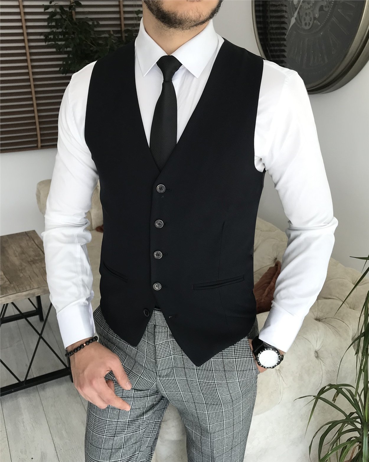 İtalyan stil slim fit erkek ekose ceket yelek pantolon takım elbise Gri T8177