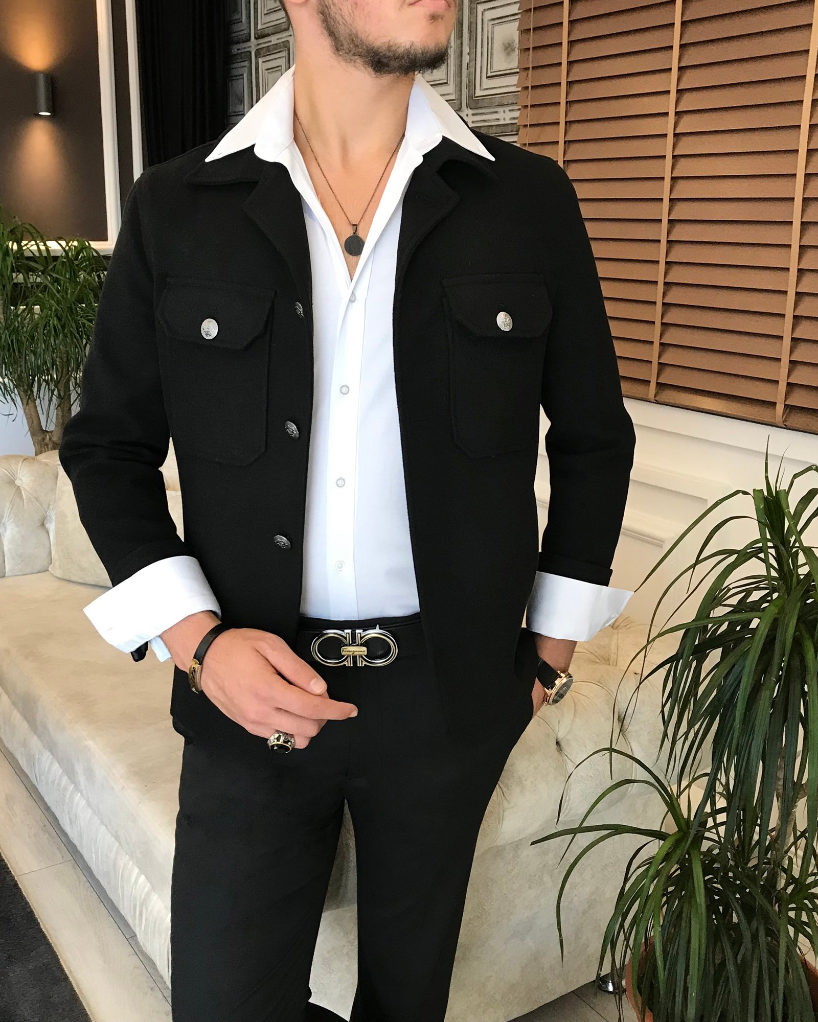 İtalyan stil slim fit erkek kaşe mont ceket siyah T6268