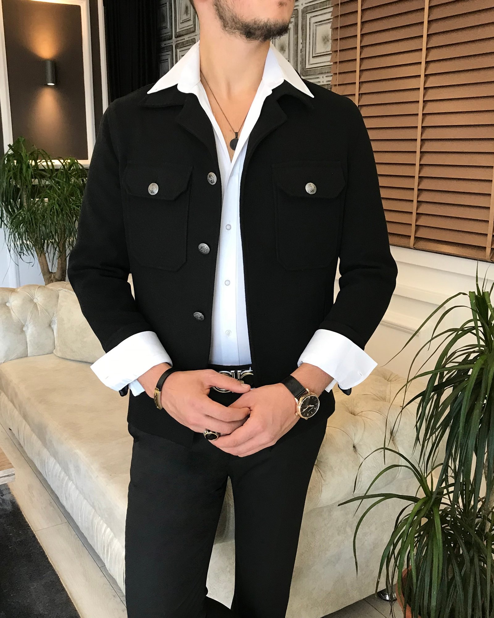 İtalyan stil slim fit erkek kaşe mont ceket siyah T6268