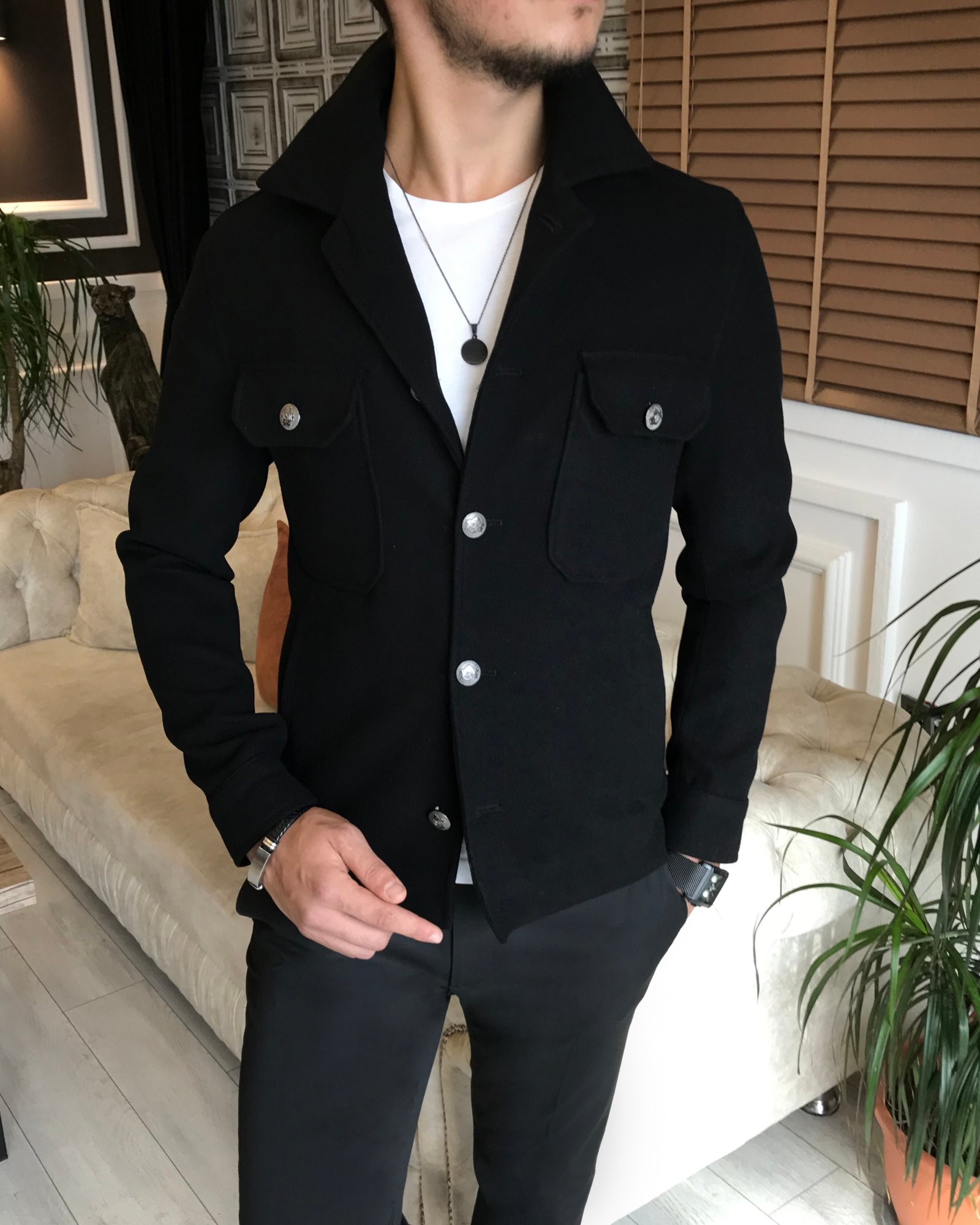 İtalyan stil slim fit erkek kaşe mont ceket siyah T6268