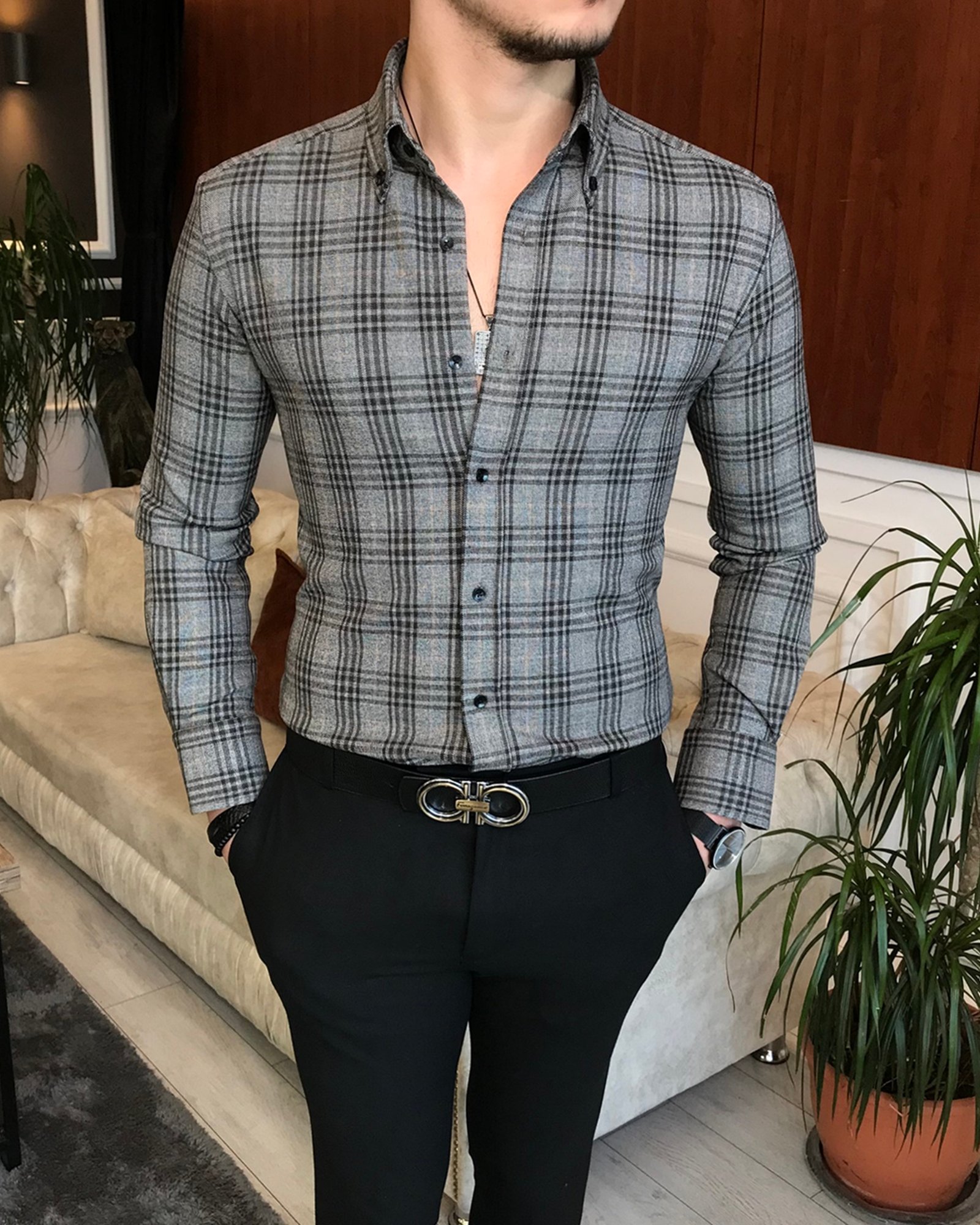italyan stil slim fit erkek ekose kışlık gömlek gri T6711