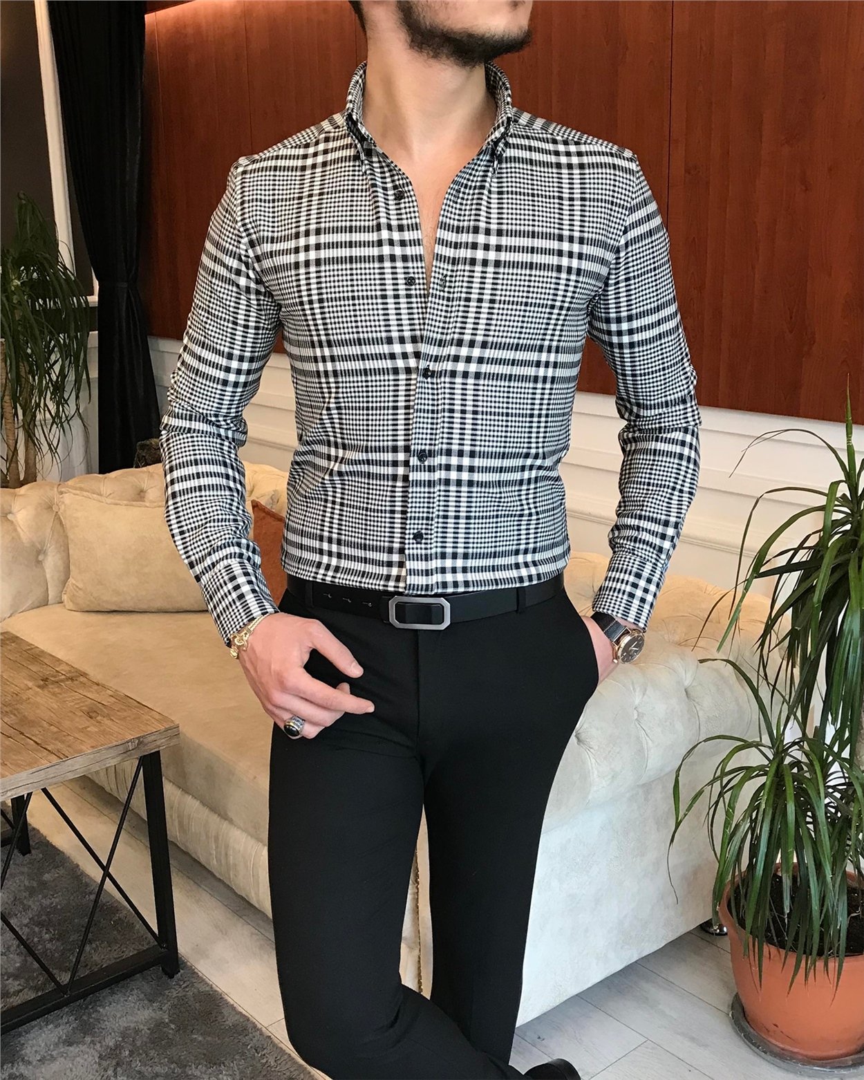 italyan stil slim fit erkek ekose kışlık gömlek çok renkli T6813