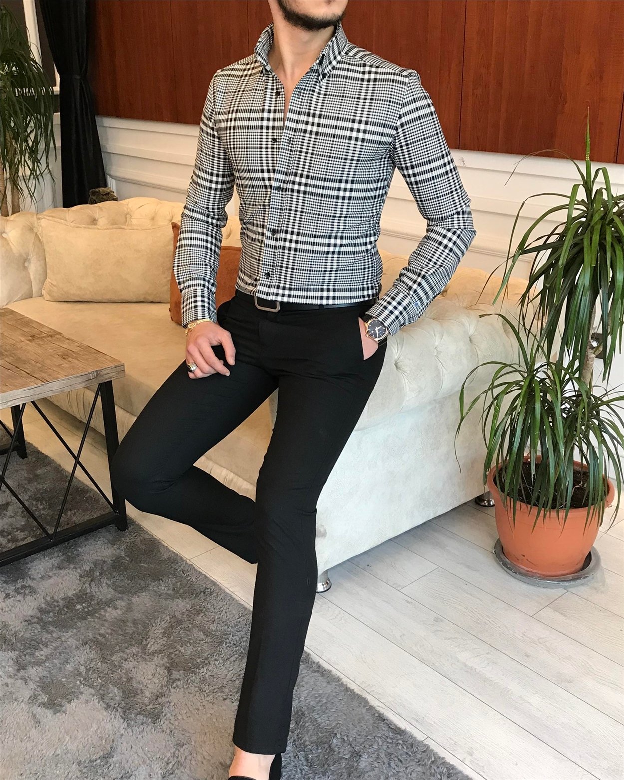 italyan stil slim fit erkek ekose kışlık gömlek çok renkli T6813