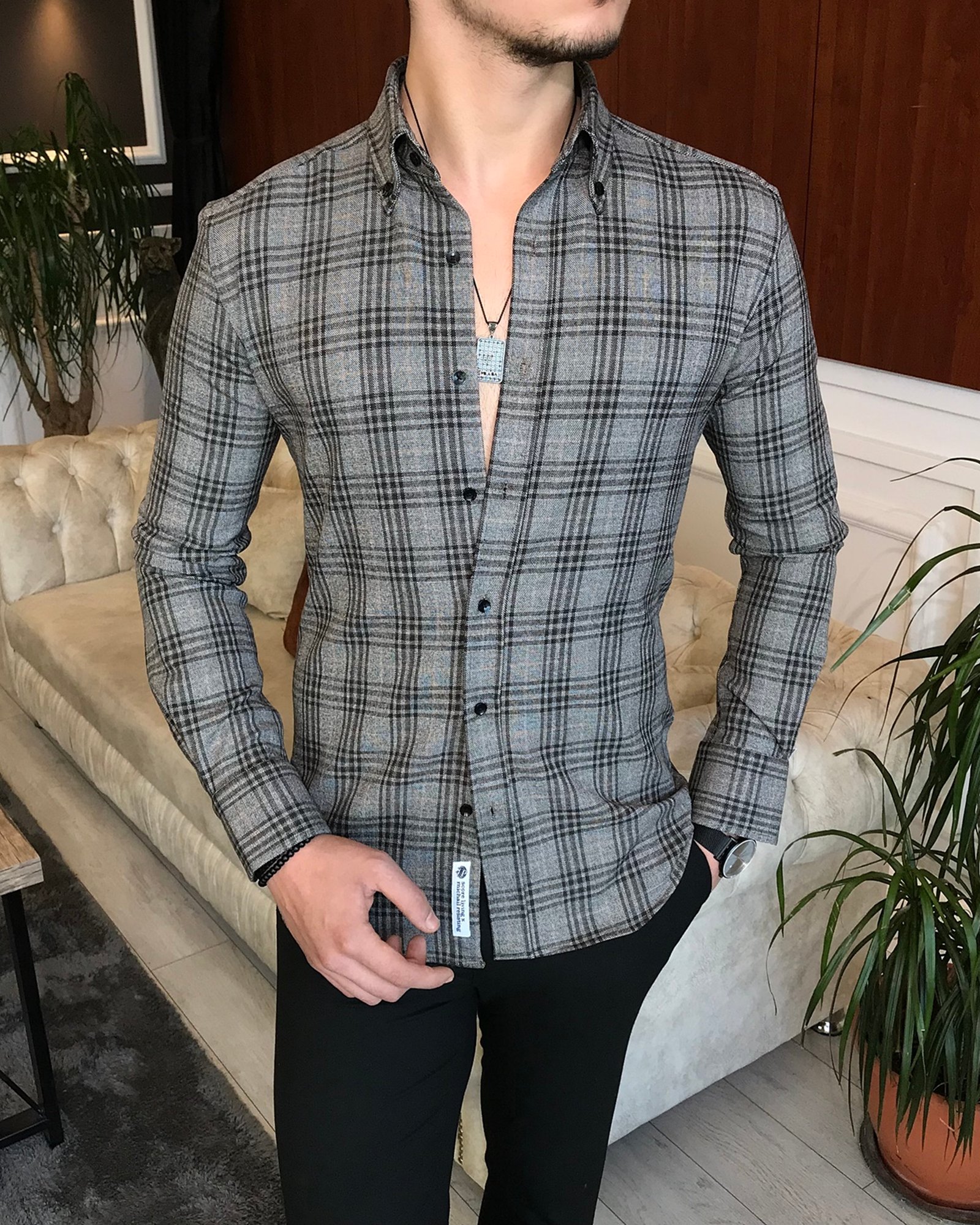italyan stil slim fit erkek ekose kışlık gömlek gri T6711