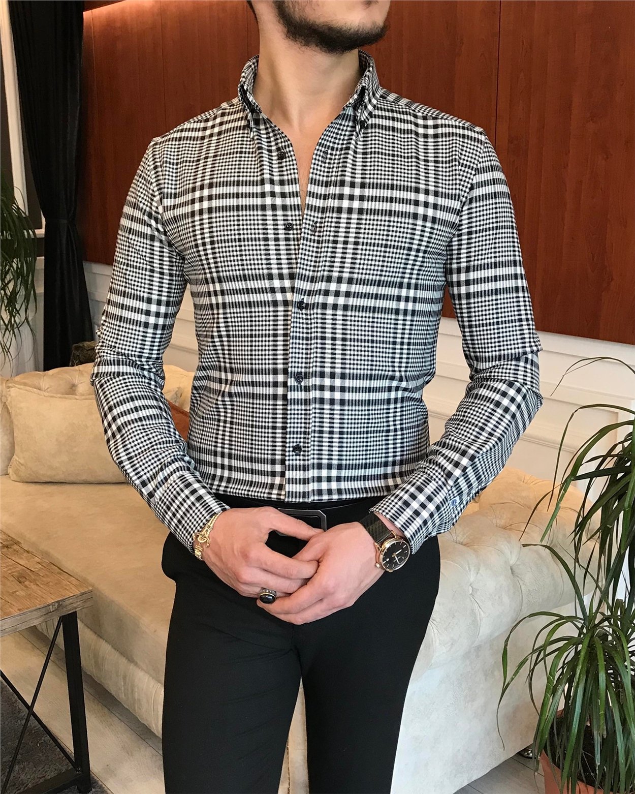 italyan stil slim fit erkek ekose kışlık gömlek çok renkli T6813