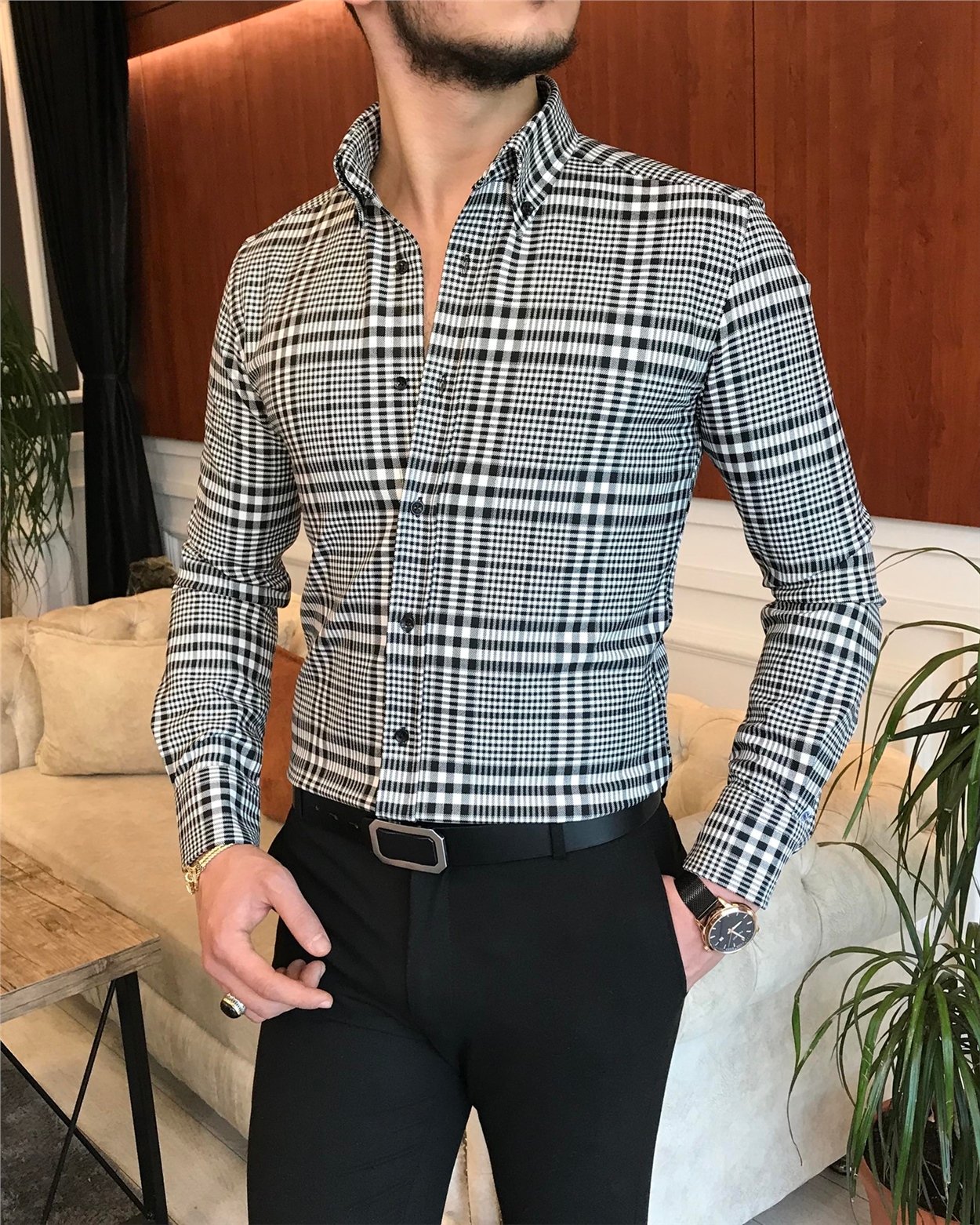 italyan stil slim fit erkek ekose kışlık gömlek çok renkli T6813
