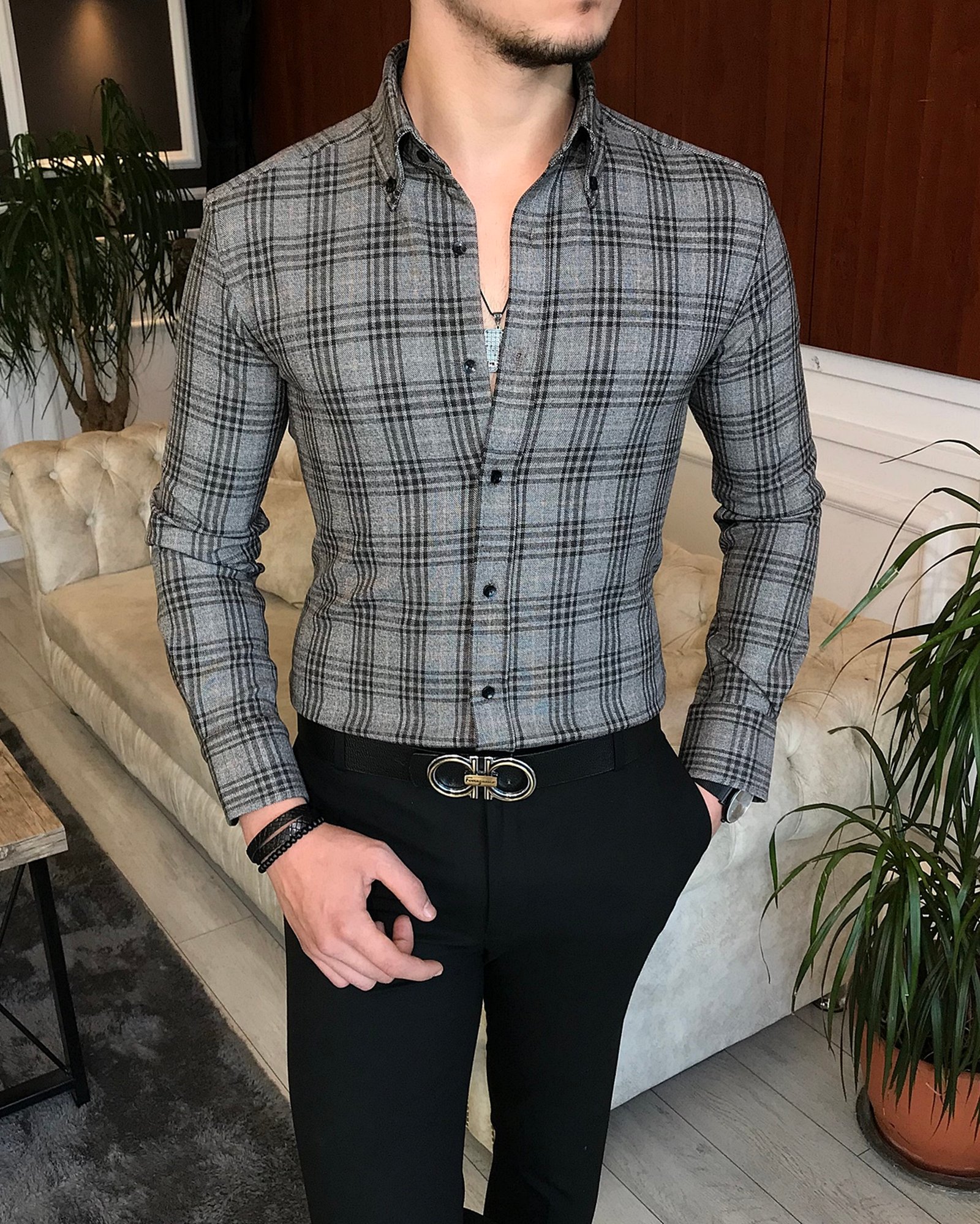 italyan stil slim fit erkek ekose kışlık gömlek gri T6711