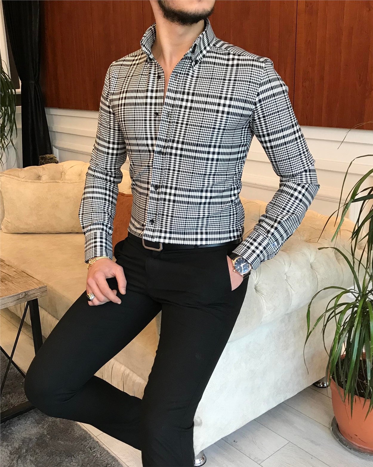 italyan stil slim fit erkek ekose kışlık gömlek çok renkli T6813