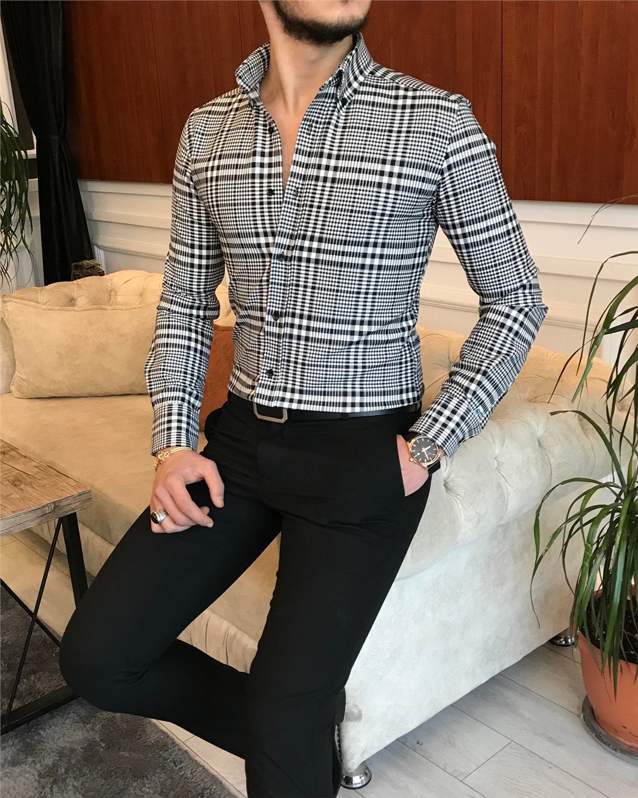 italyan stil slim fit erkek ekose kışlık gömlek çok renkli T6813