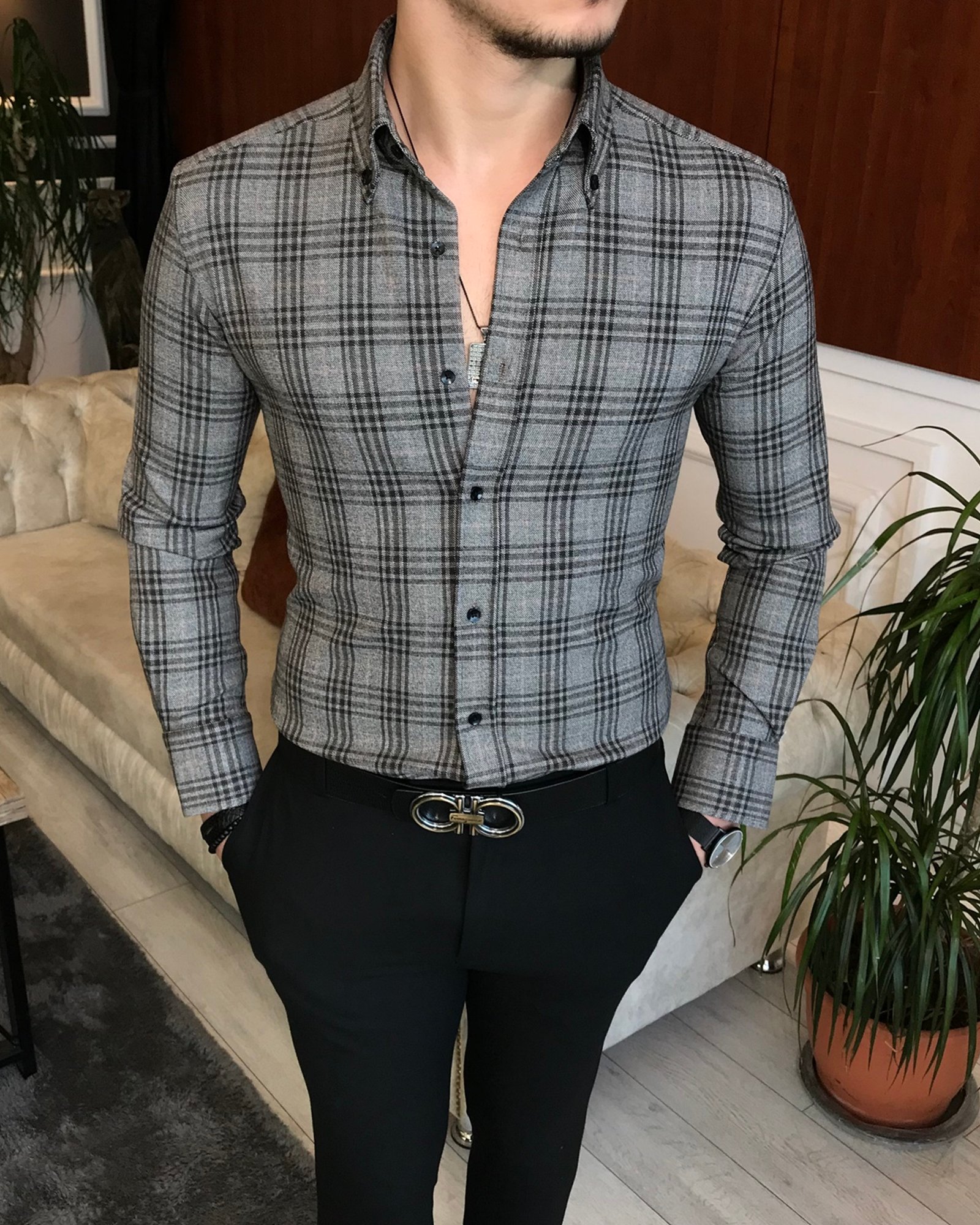 italyan stil slim fit erkek ekose kışlık gömlek gri T6711