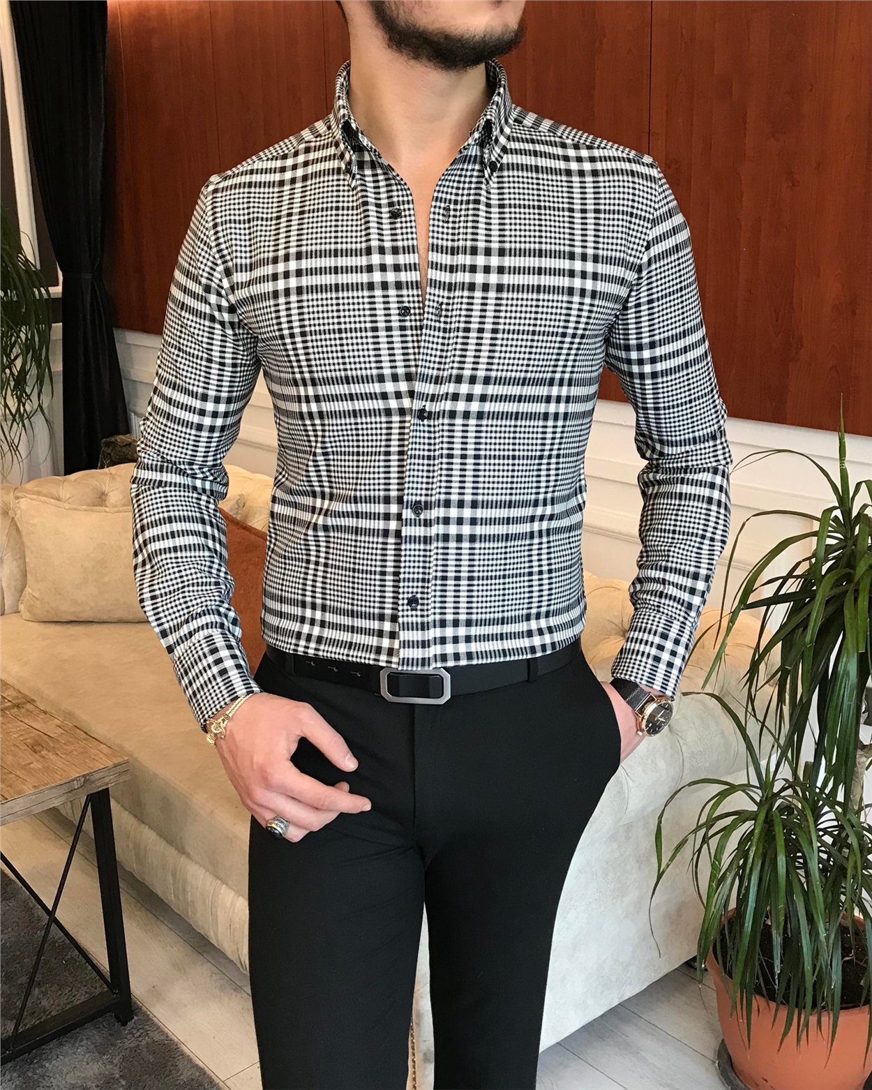 italyan stil slim fit erkek ekose kışlık gömlek çok renkli T6813