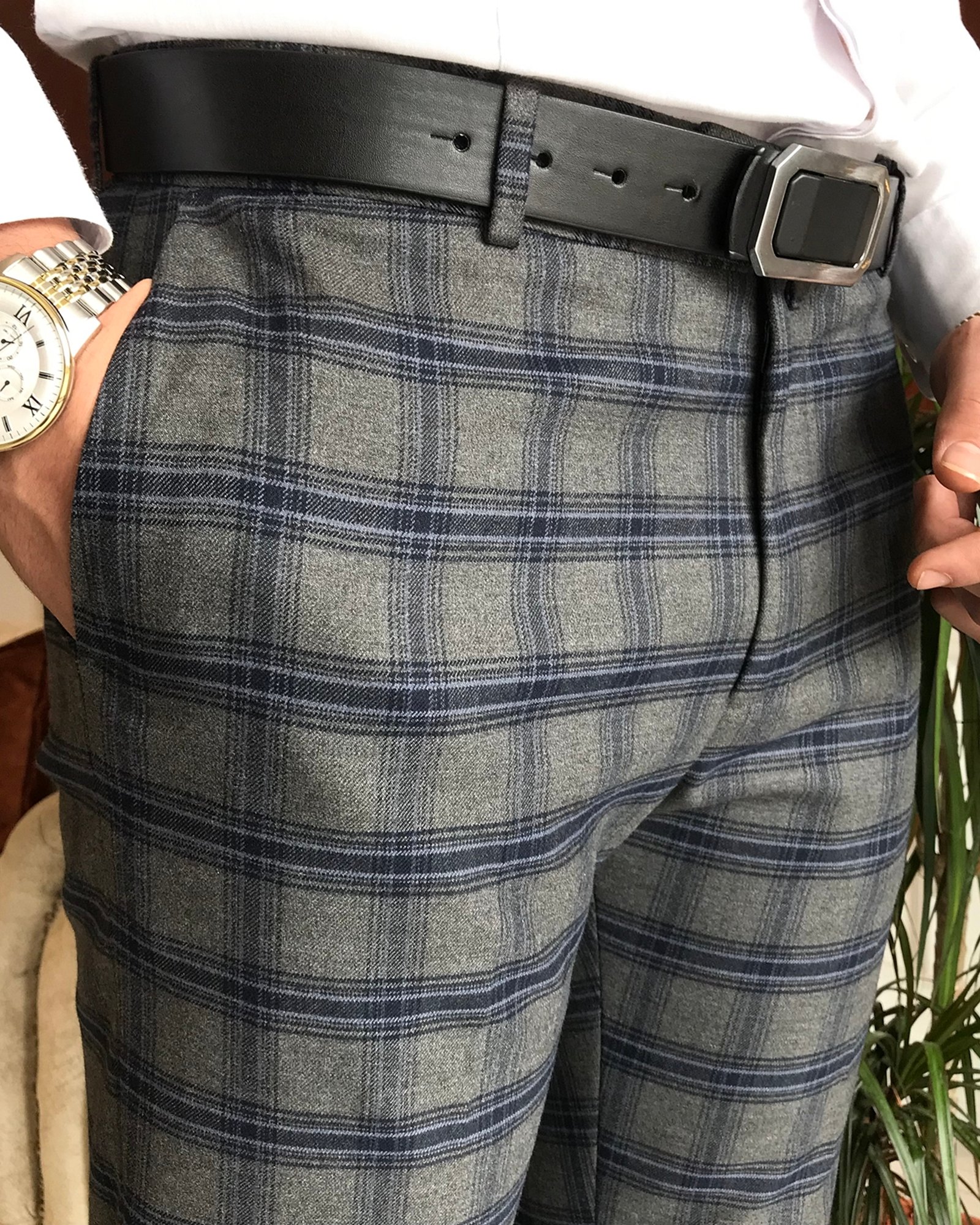 İtalyan stil slim fit erkek ekose kumaş pantolon Gri T6497