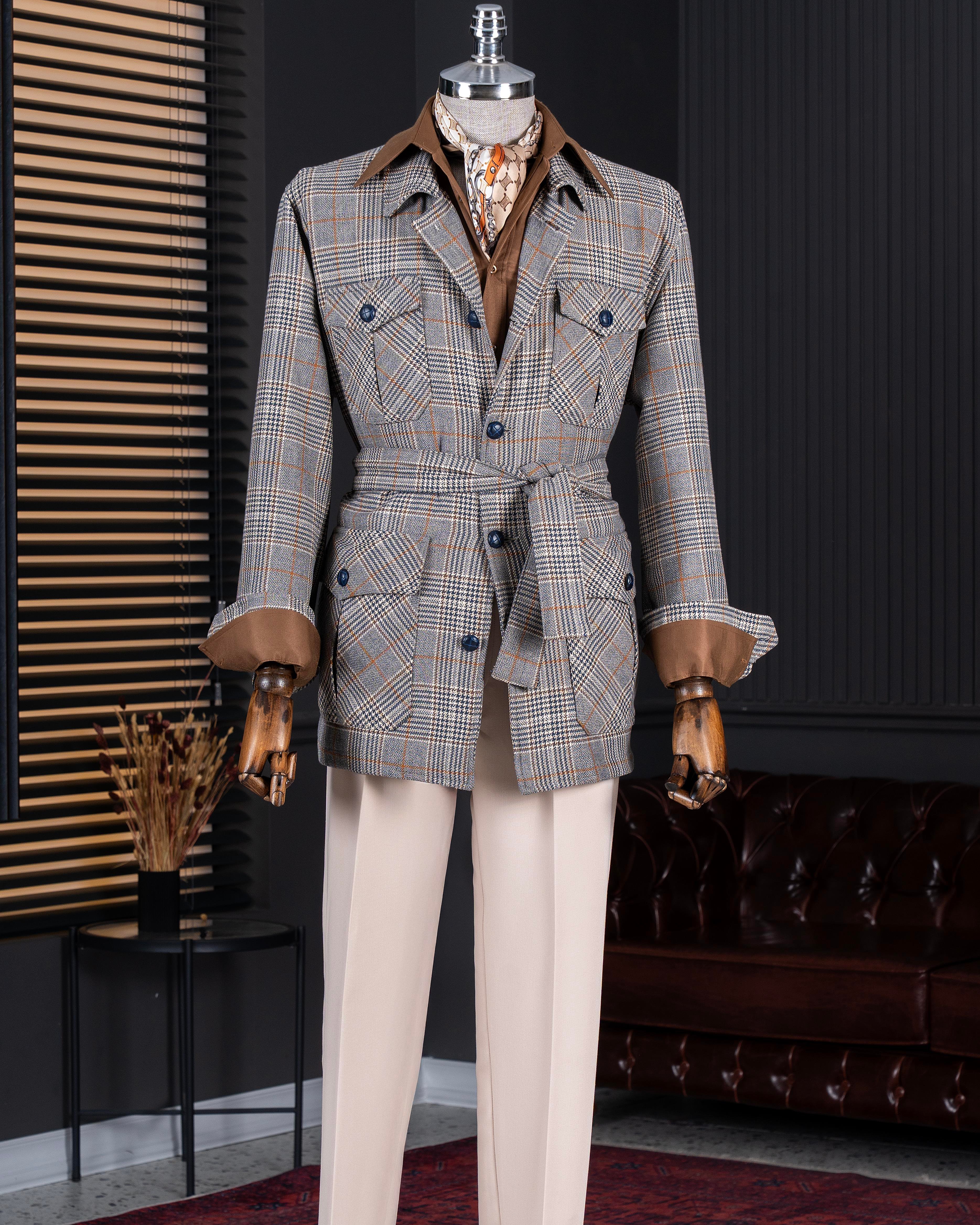 Italyan stil slim fit erkek ekose mevsimlik mont lacivert T9905