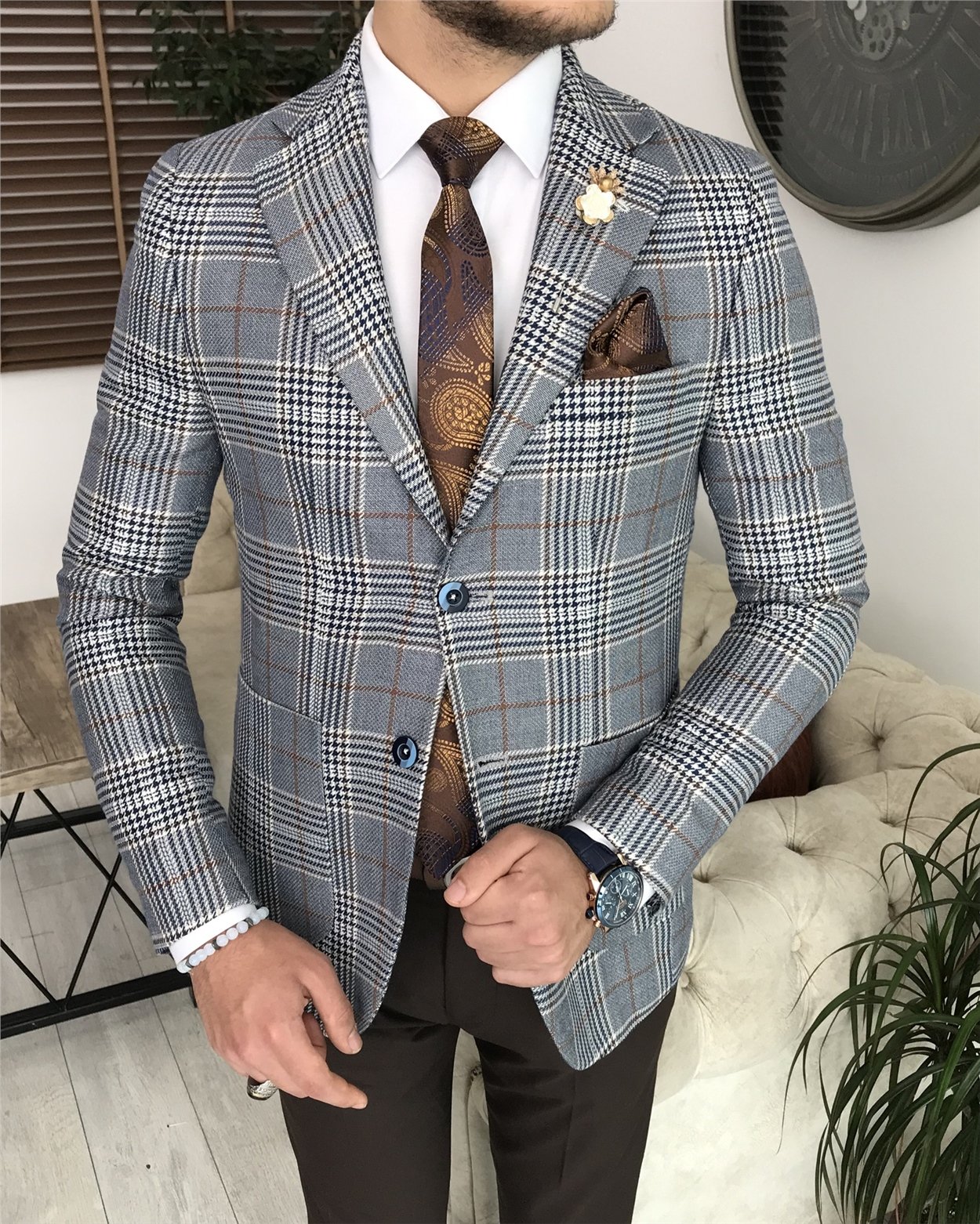 İtalyan stil slim fit erkek ekose mono yaka tek ceket Mavi T8098