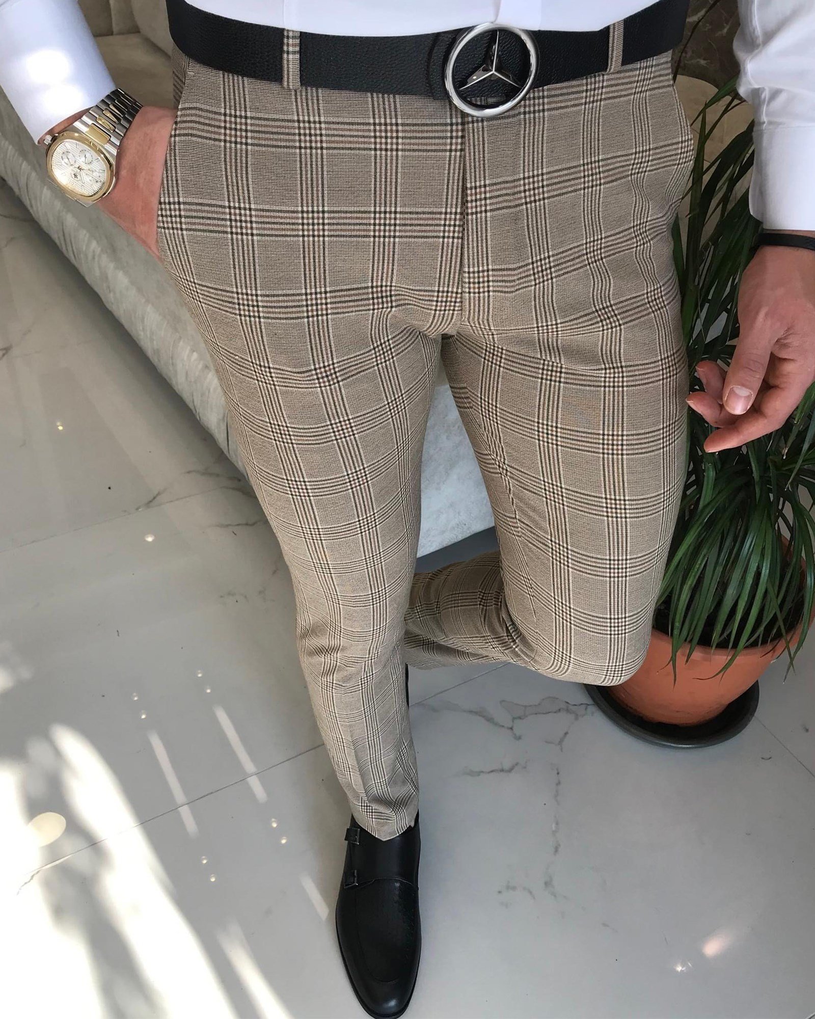 Italian Style Slim Fit Men's Plaid Pants Camel T8270