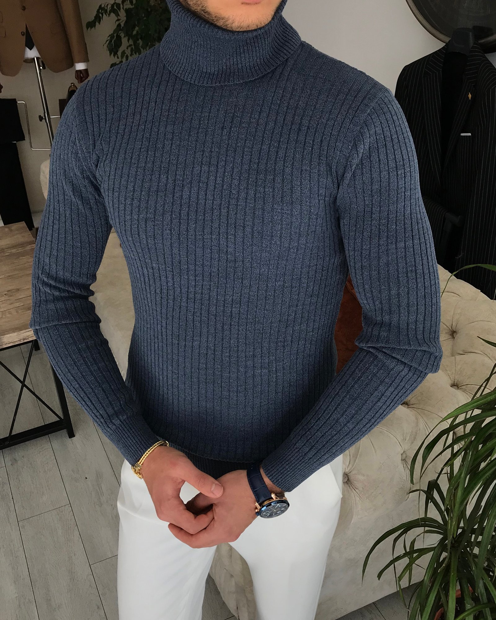 İtalyan stil slim fit erkek fitilli balıkçı yaka triko kazak Mavi T7952