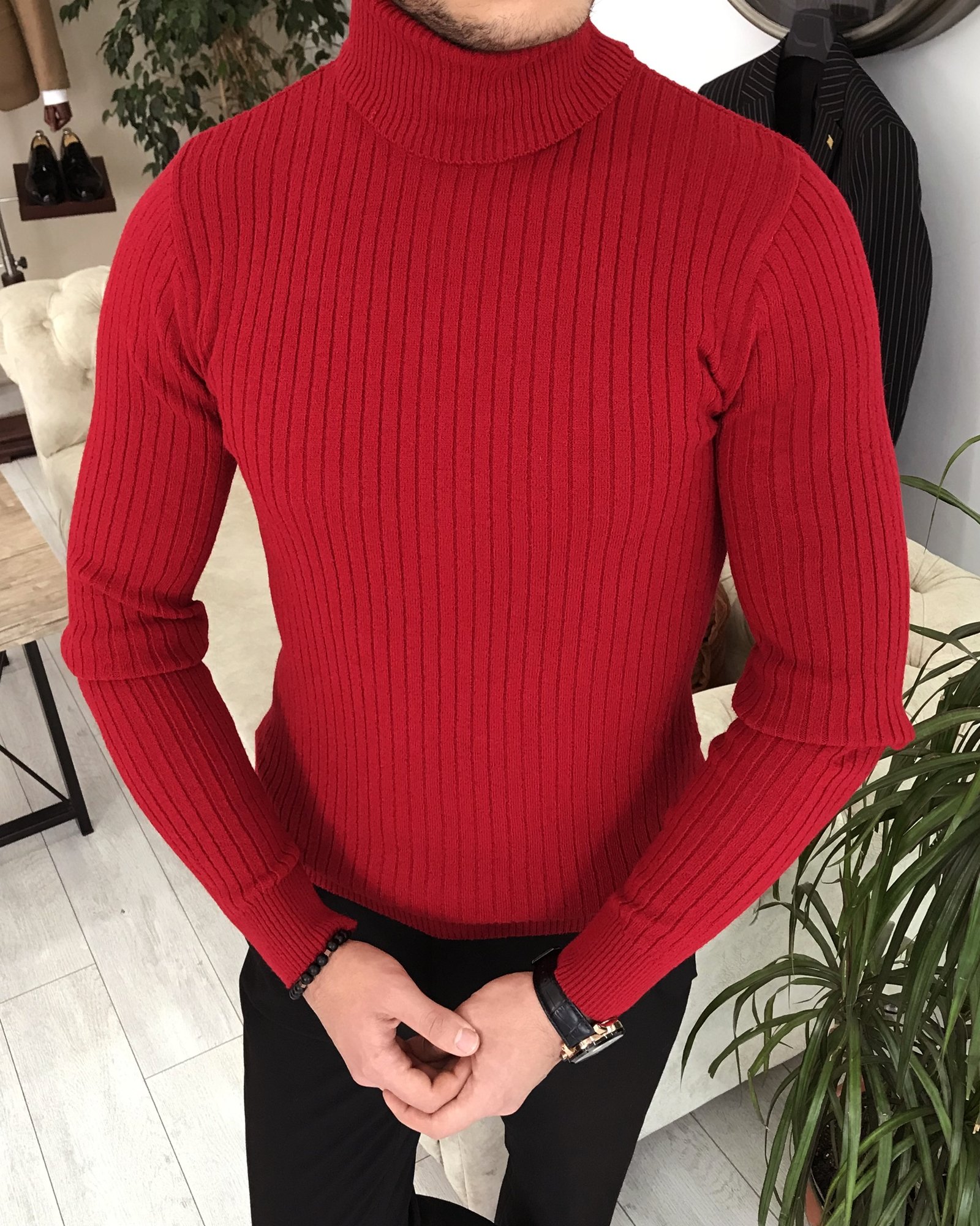 İtalyan Stil Triko Fitilli Balıkçıl Yaka Boğazlı Kazak Kırmızı T3918
