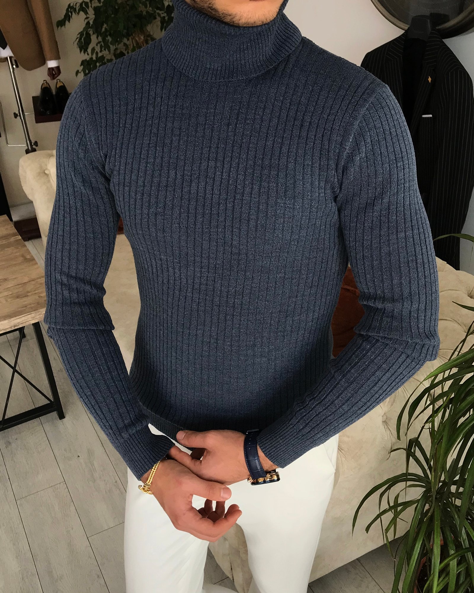 İtalyan stil slim fit erkek fitilli balıkçı yaka triko kazak Mavi T7952