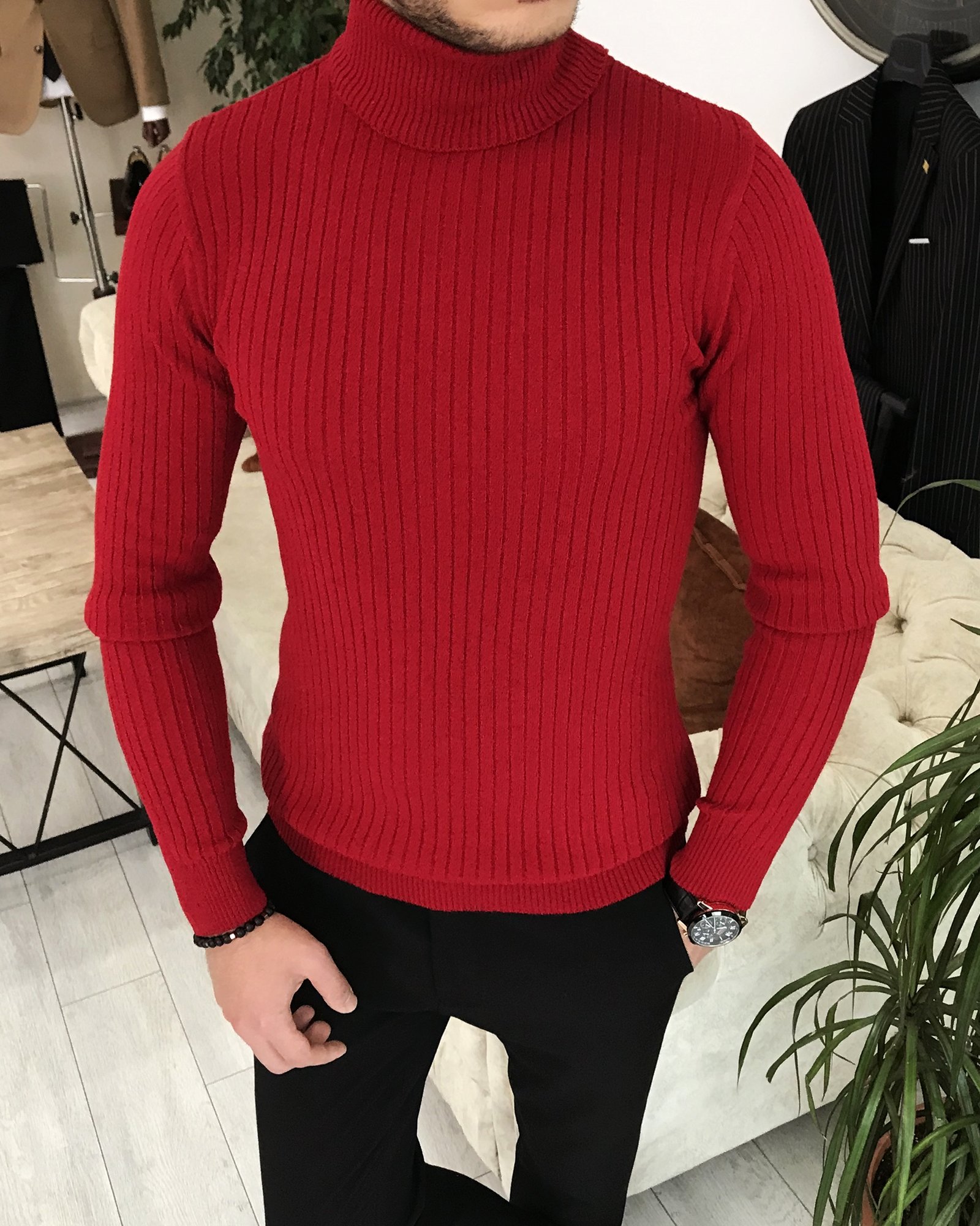 İtalyan Stil Triko Fitilli Balıkçıl Yaka Boğazlı Kazak Kırmızı T3918