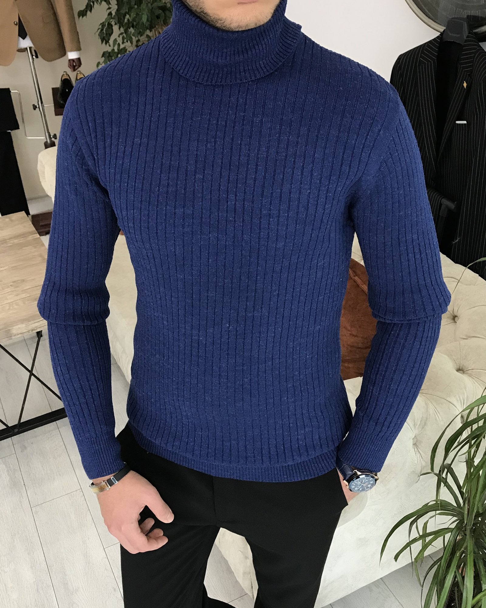 İtalyan stil slim fit erkek fitilli balıkçı yaka triko kazak Saks T7966
