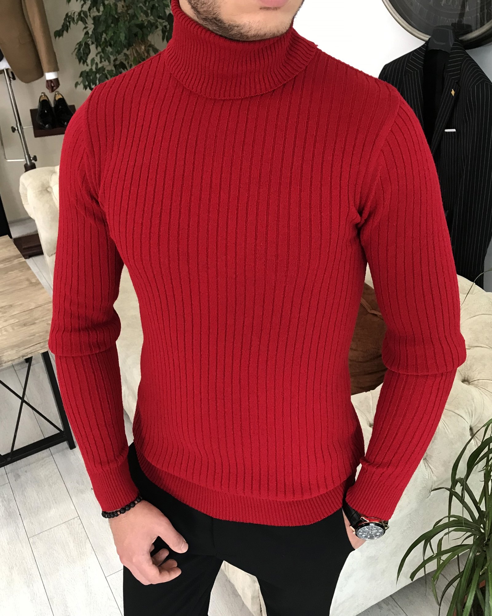 İtalyan Stil Triko Fitilli Balıkçıl Yaka Boğazlı Kazak Kırmızı T3918