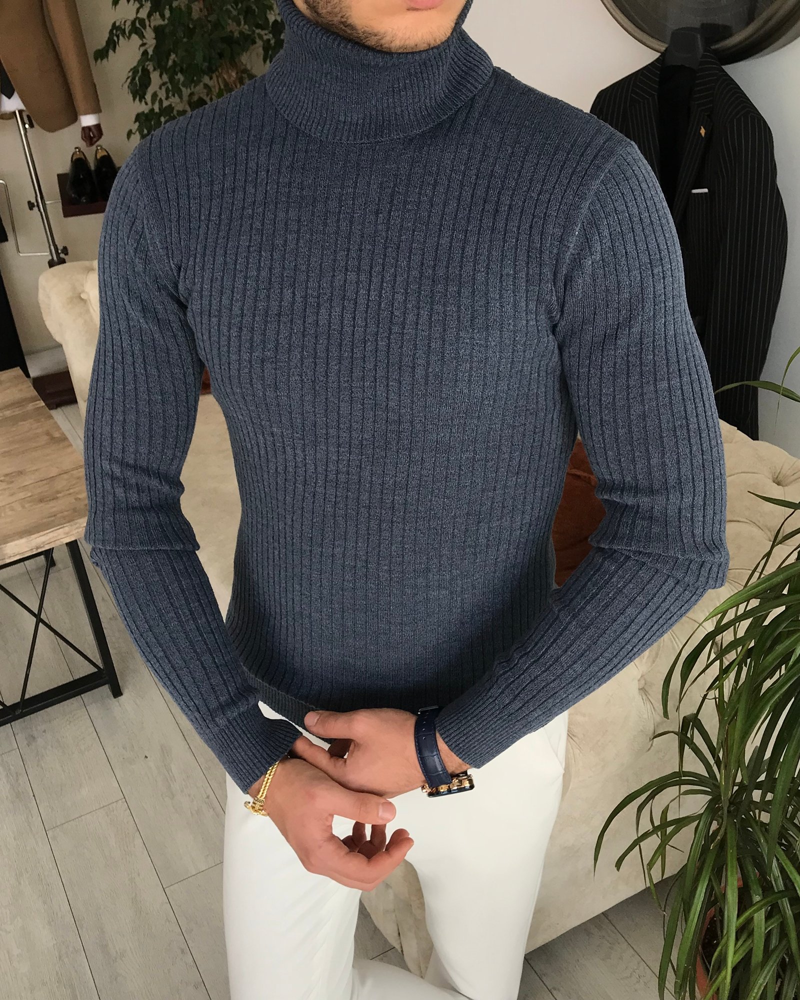 İtalyan stil slim fit erkek fitilli balıkçı yaka triko kazak Mavi T7952