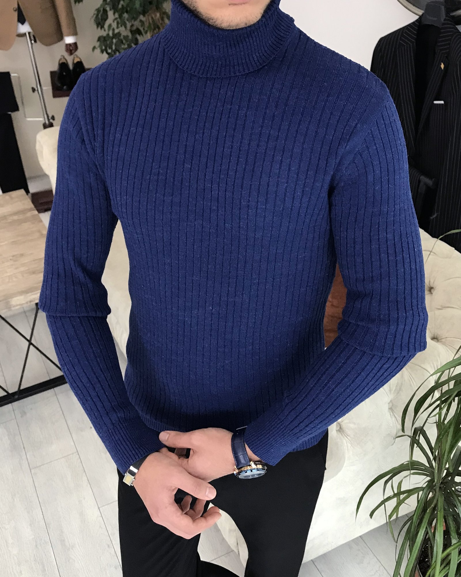 İtalyan stil slim fit erkek fitilli balıkçı yaka triko kazak Saks T7966