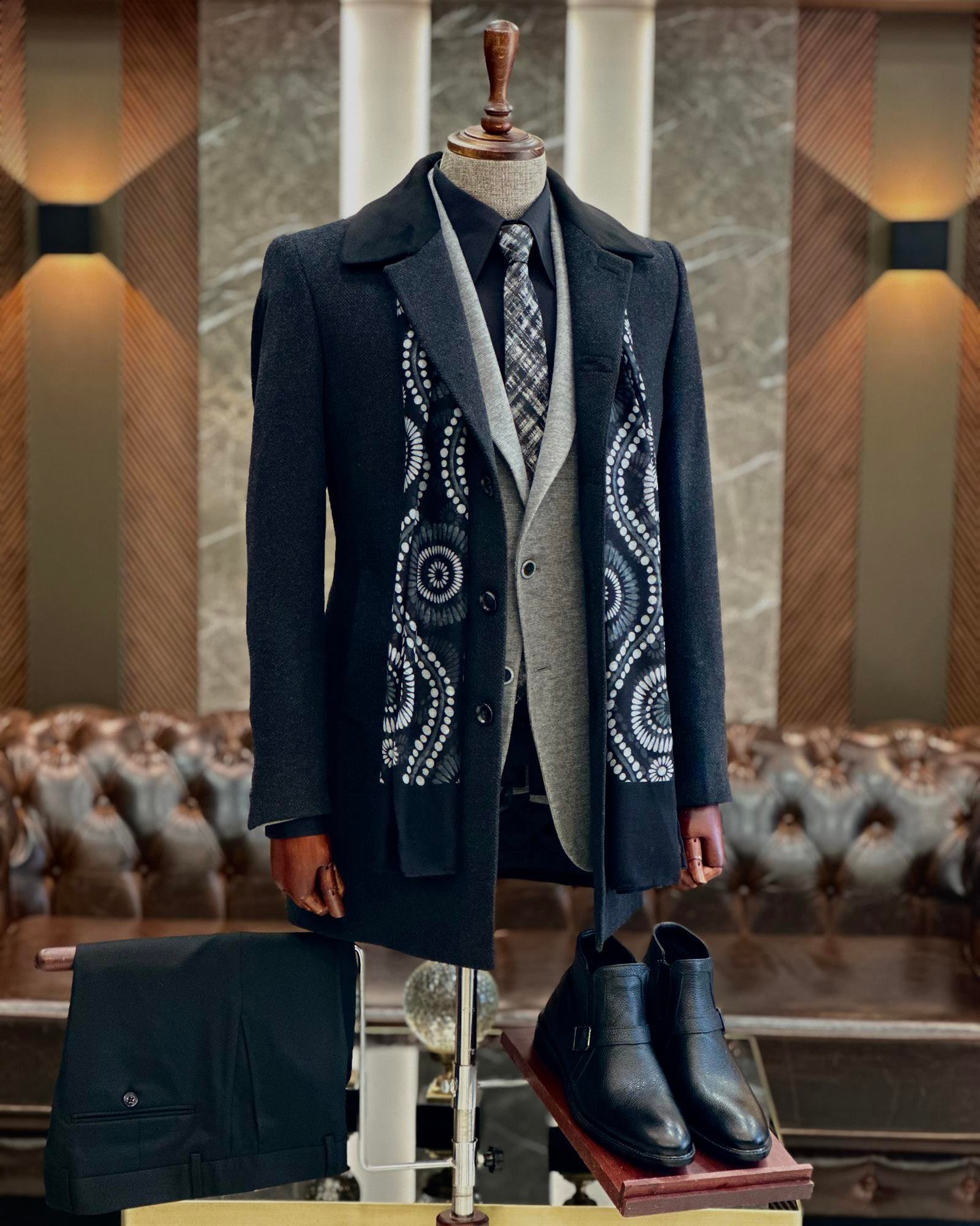 Italian style slim fit men's shirt collar wool blended coat black T9865