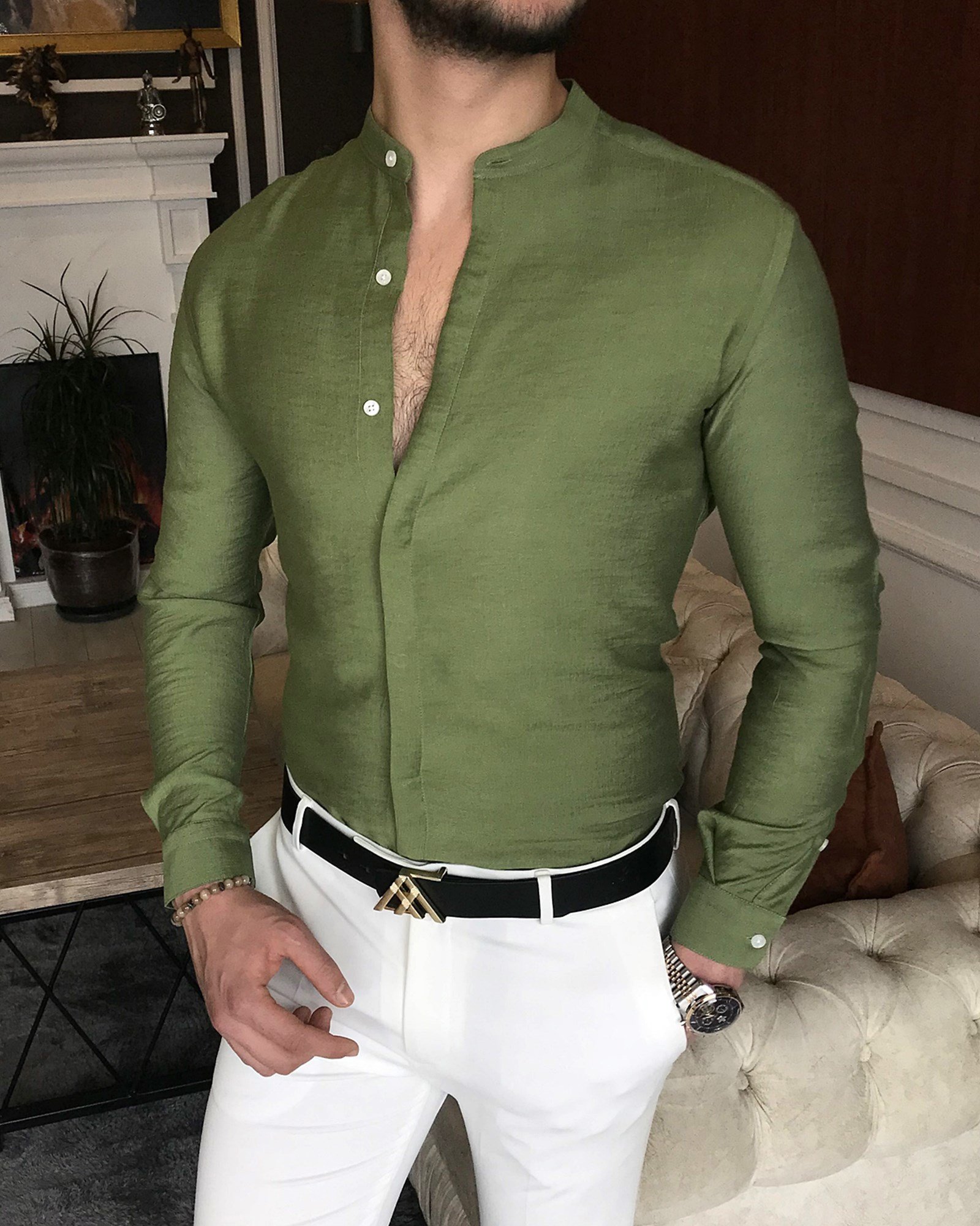 İtalyan stil slim fit erkek hakim yaka gömlek Yeşil T7093