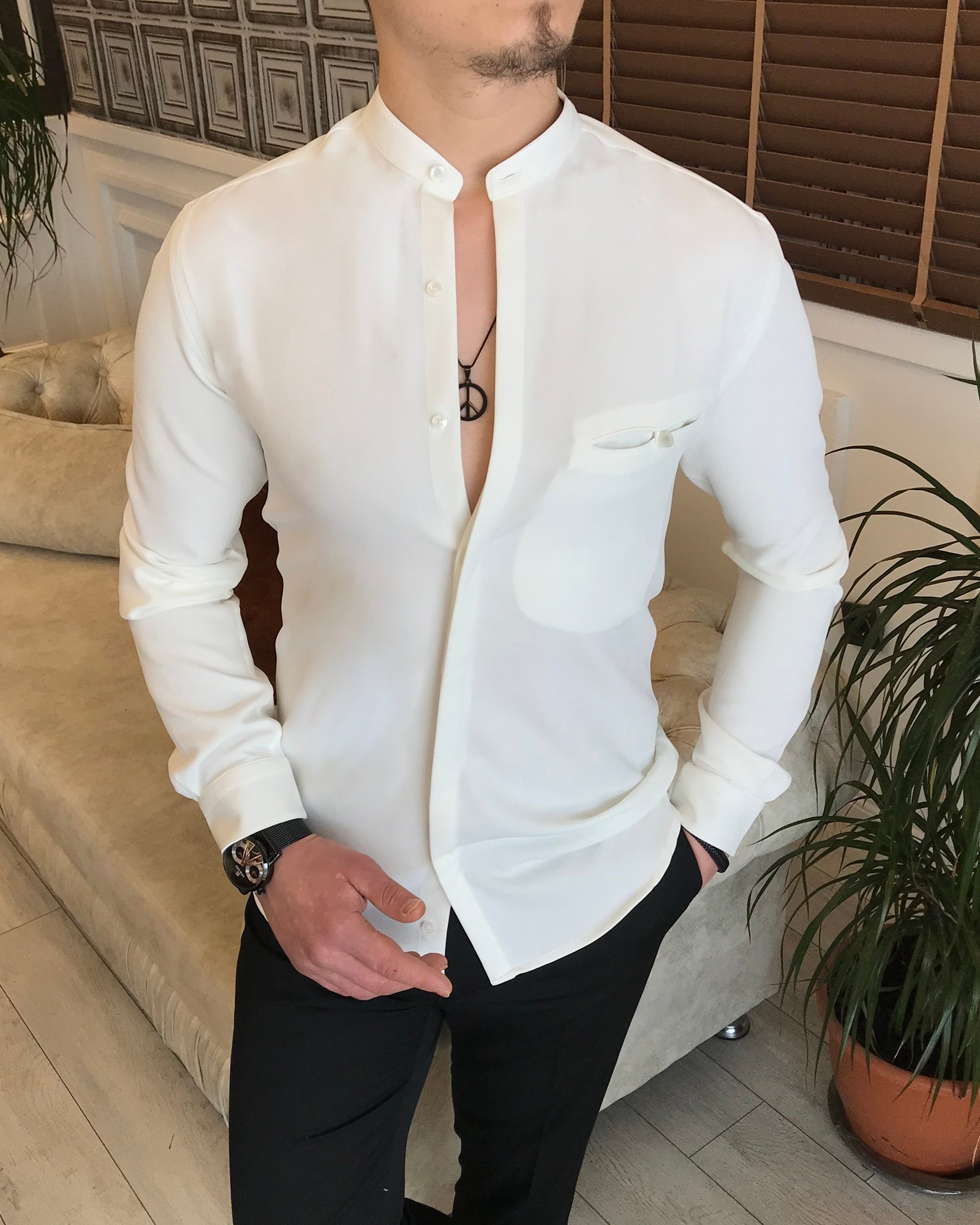 İtalyan stil slim fit erkek hakim yaka gömlek Kırık Beyaz T4850