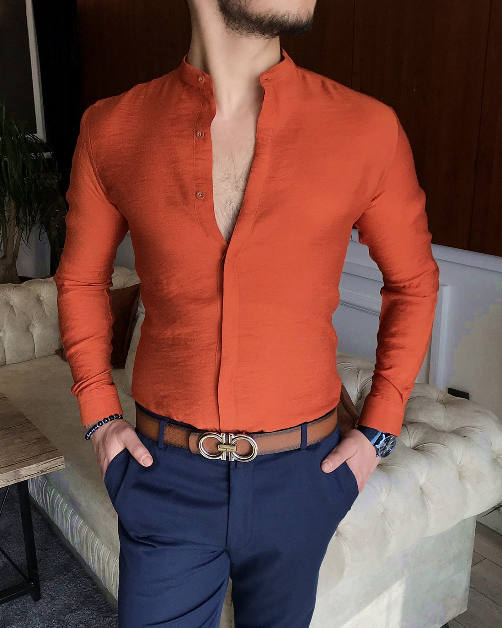 İtalyan stil slim fit erkek hakim yaka gömlek Kiremit T7098