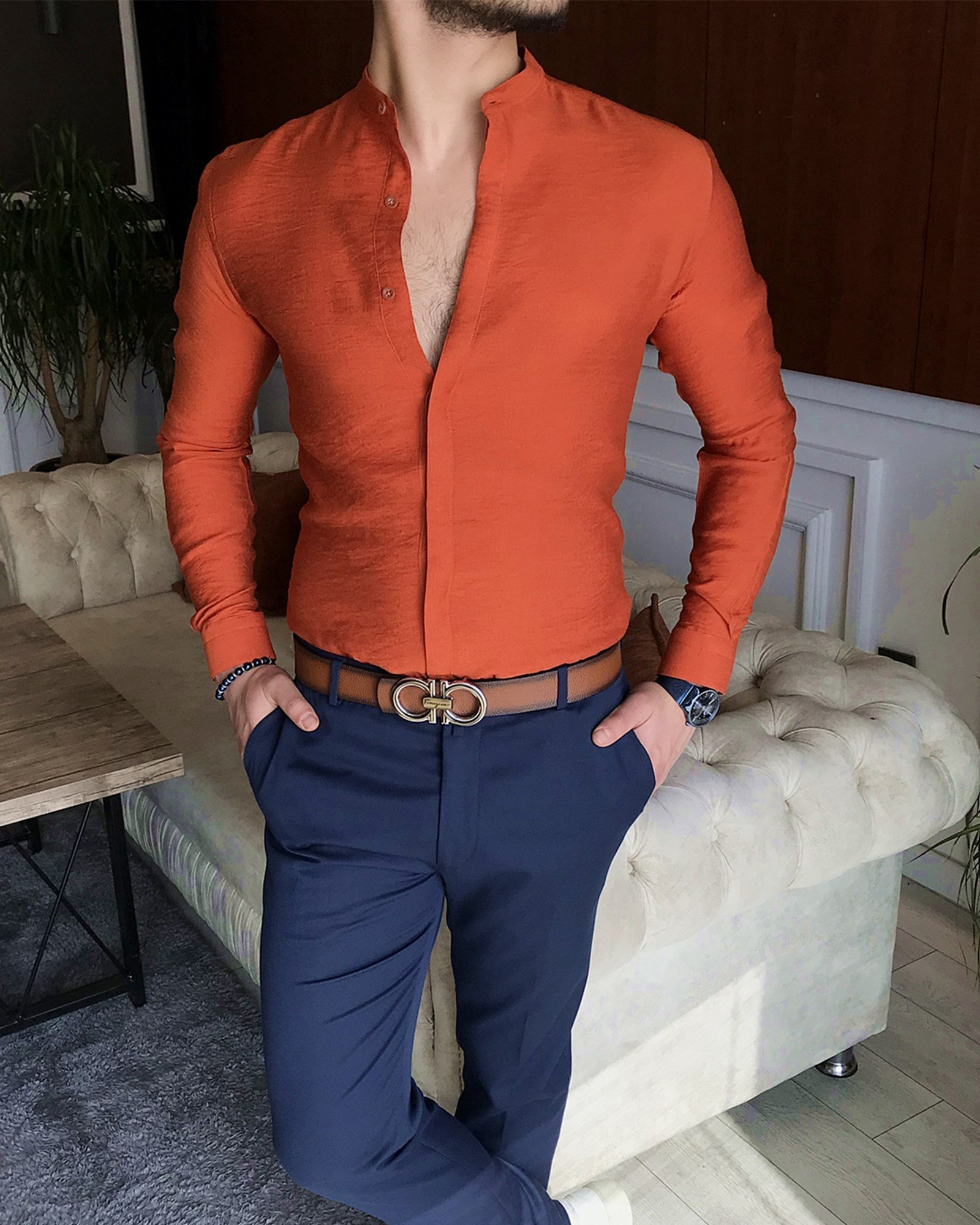 İtalyan stil slim fit erkek hakim yaka gömlek Kiremit T7098